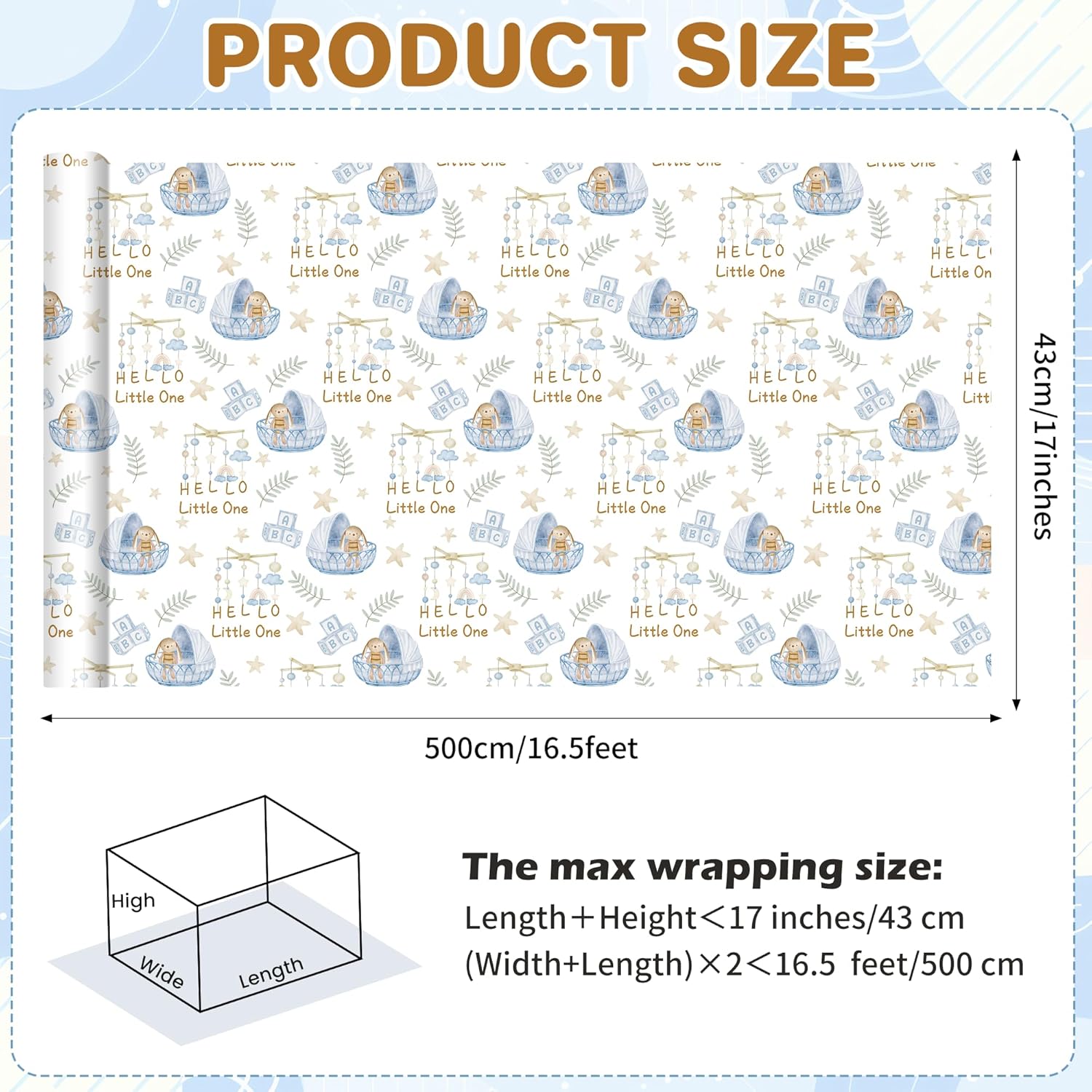 Bunny Baby Shower Wrapping Paper Roll For Girl Boy, Hello Little One Design Gift Wrap Paper, Cute Rabbit Gift Packing Paper Art Paper For Baby Shower Newborn Birthday Party, 17Inch X 16.5Feet