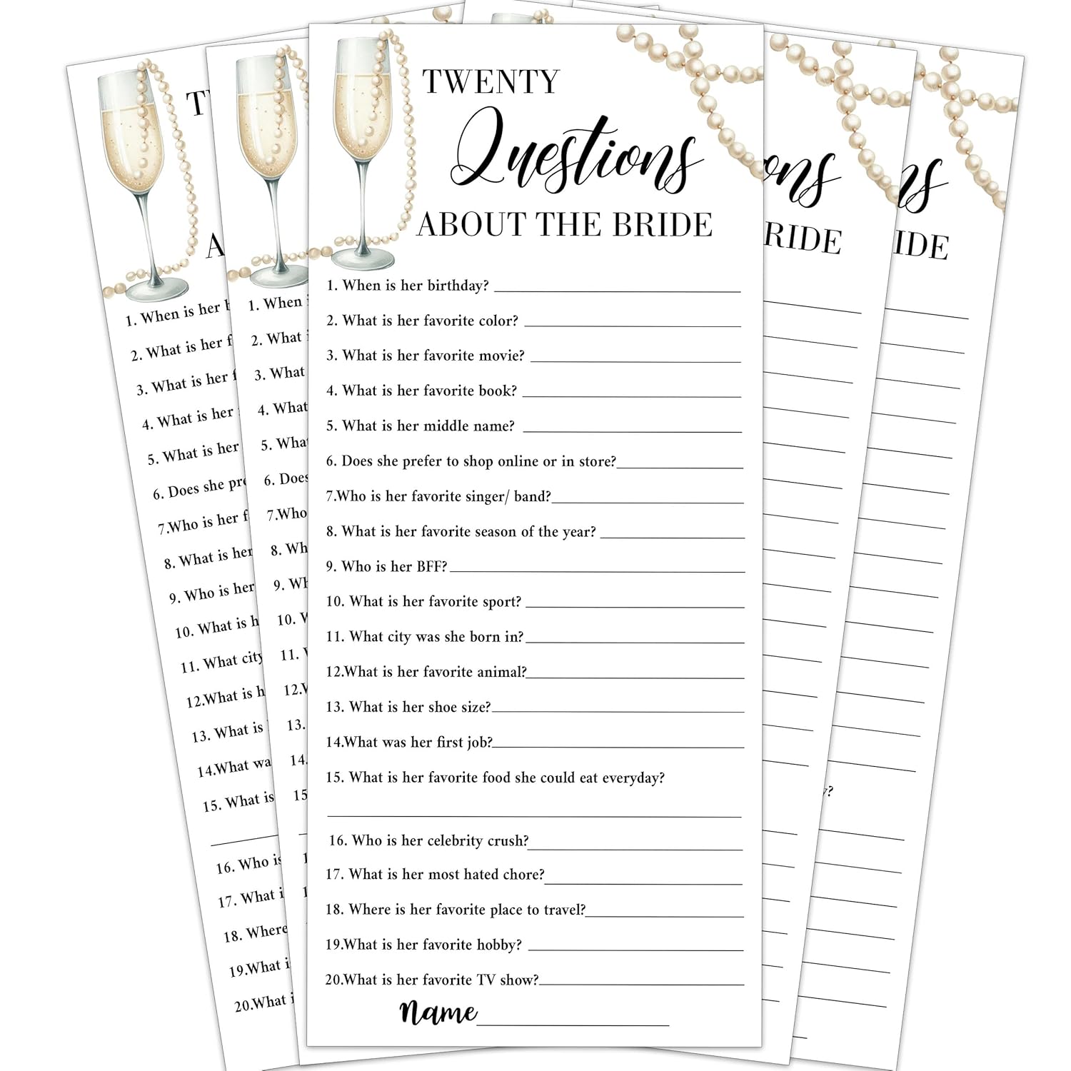 Wedding Shower Games Cards, Twenty Questions About The Bride, 25 Pcs Pearls And Champagne Bridal Wedding Activities Game Cards For Guests, Engagement Bridal Shower Party Decorations, 4X9 Inch-C12