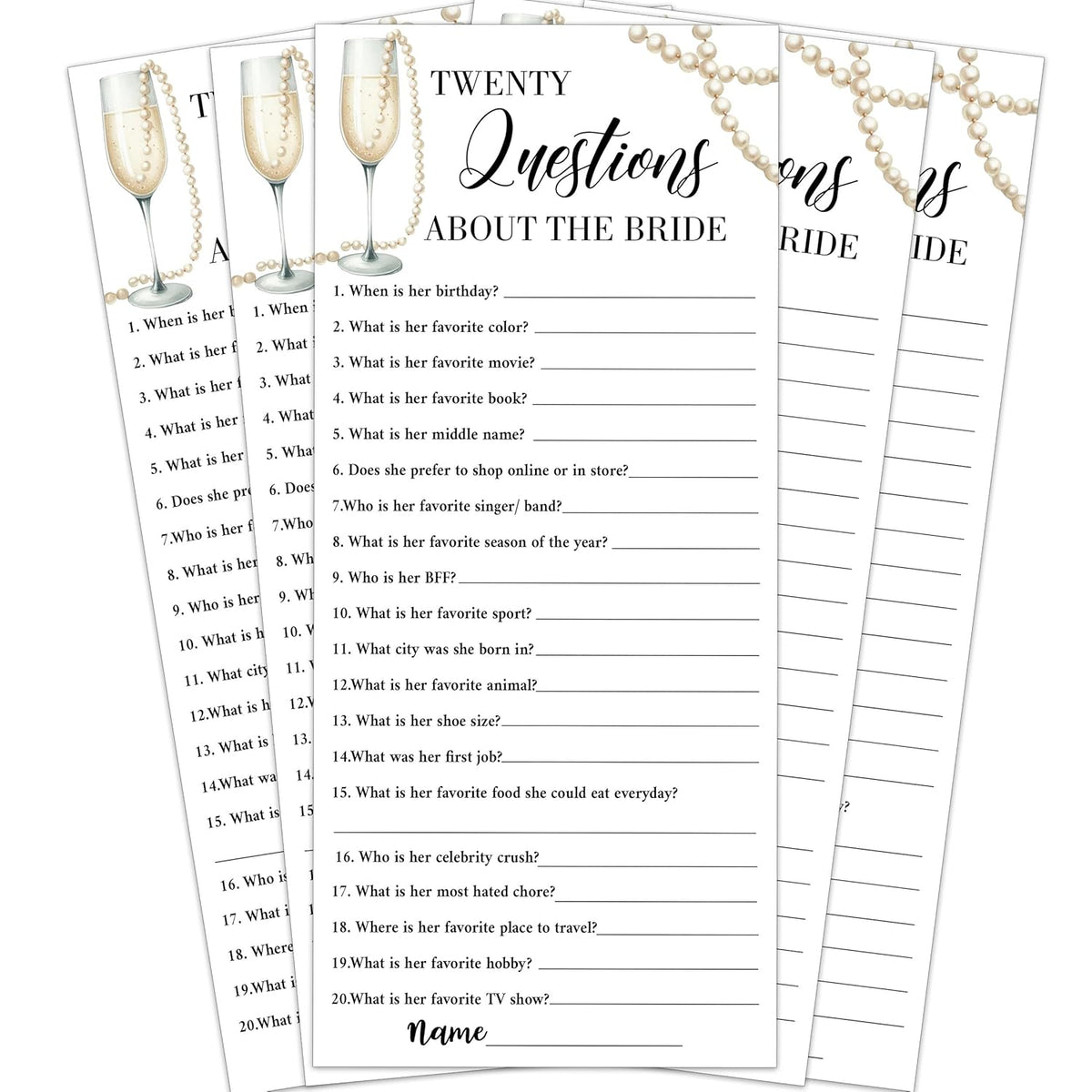 Wedding Shower Games Cards, Twenty Questions About The Bride, 25 Pcs Pearls And Champagne Bridal Wedding Activities Game Cards For Guests, Engagement Bridal Shower Party Decorations, 4X9 Inch-C12
