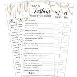 Wedding Shower Games Cards, Twenty Questions About The Bride, 25 Pcs Pearls And Champagne Bridal Wedding Activities Game Cards For Guests, Engagement Bridal Shower Party Decorations, 4X9 Inch-C12