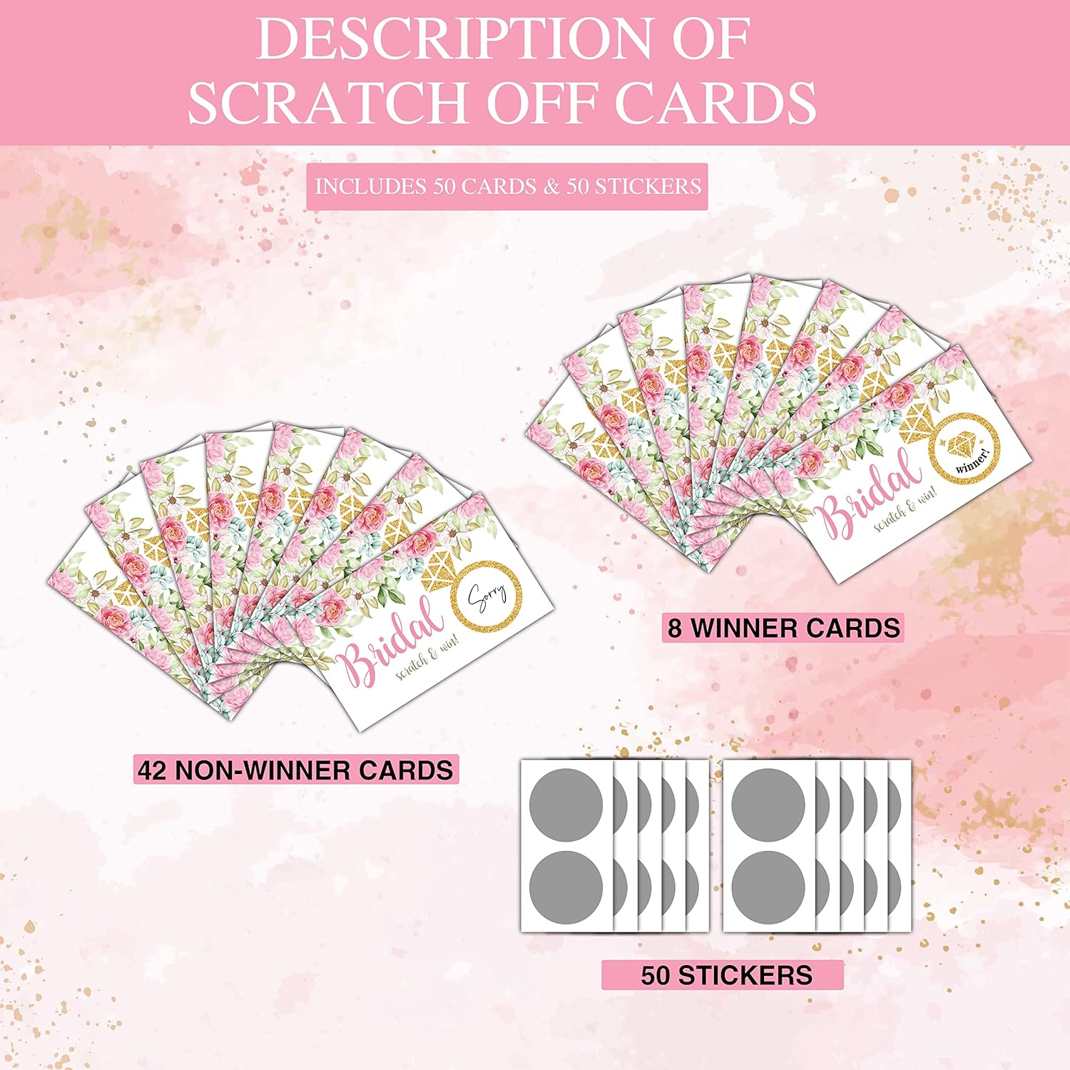 Bridal Shower Scratch Off Game Cards - Glitter Diamond Ring - Floral Greenery Wedding Shower Ideas - Bride Shower Party Activities & Supplies - Bachelorette/ Engagement Party Decorations - 50 Pack(09)