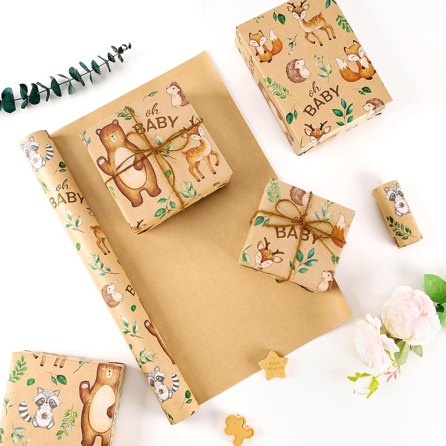 Baby Shower Kraft Wrapping Paper Roll - 1 Roll 17” X 33 Ft Baby Shower Wrapping Paper Roll Kids Baby Birthday Gift Wrap Roll Wrapping Paper Woodland Animals Design Bday Party Favor