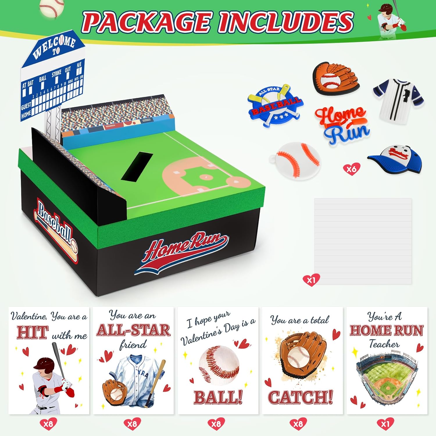 Boys Baseball Valentines Day Boxes And Cards For Kids School, 33 Pack Valentines Day Gifts For Kids Classroom For Class Exchange Party Favor (1 Baseball Field Box, 32 Valentine Cards, 1 Teacher Card)