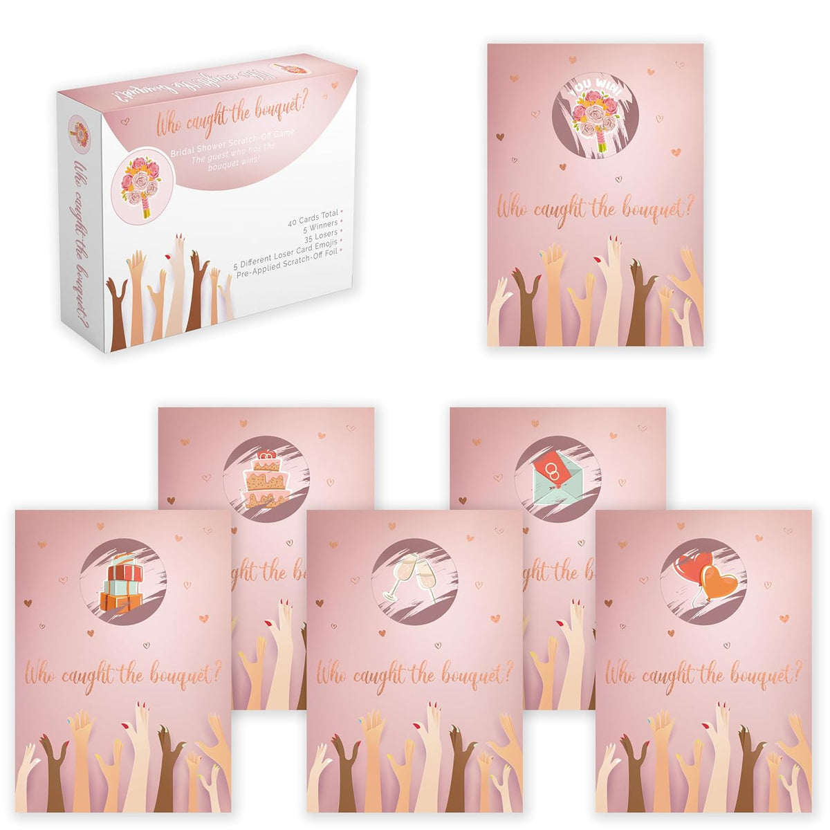 Bridal Shower Games 40 Raffle Cards, Who Caught The Bouquet Funny Emoji Scratch Off Lottery Tickets, 5 Winners, Wedding Shower, Engagement Or Bachelorette Party, Rose Gold Foil