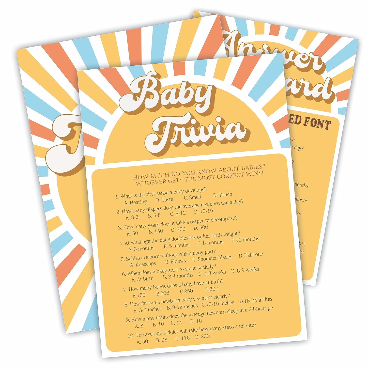 Trivia Game Set - Retro Sunshine Theme Baby Shower Party Activities - Pop Sun Theme Baby Shower Game Kit, Gender Reveal, Announcement Party & Supplies (Pack Of 30 With Answer Card)-B06