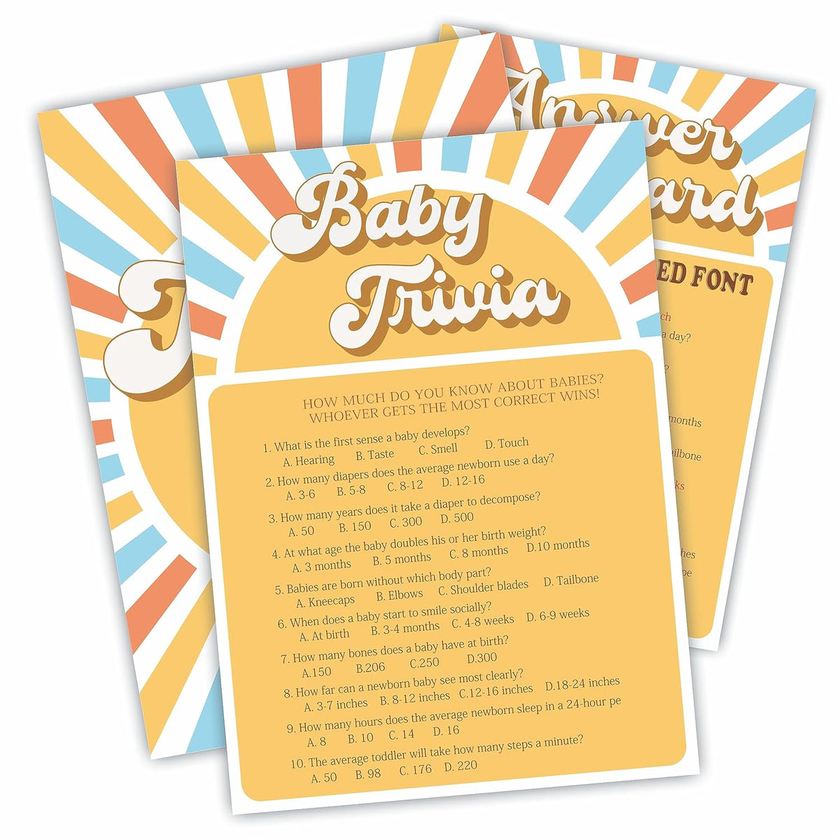 Trivia Game Set - Retro Sunshine Theme Baby Shower Party Activities - Pop Sun Theme Baby Shower Game Kit, Gender Reveal, Announcement Party & Supplies (Pack Of 30 With Answer Card)-B06