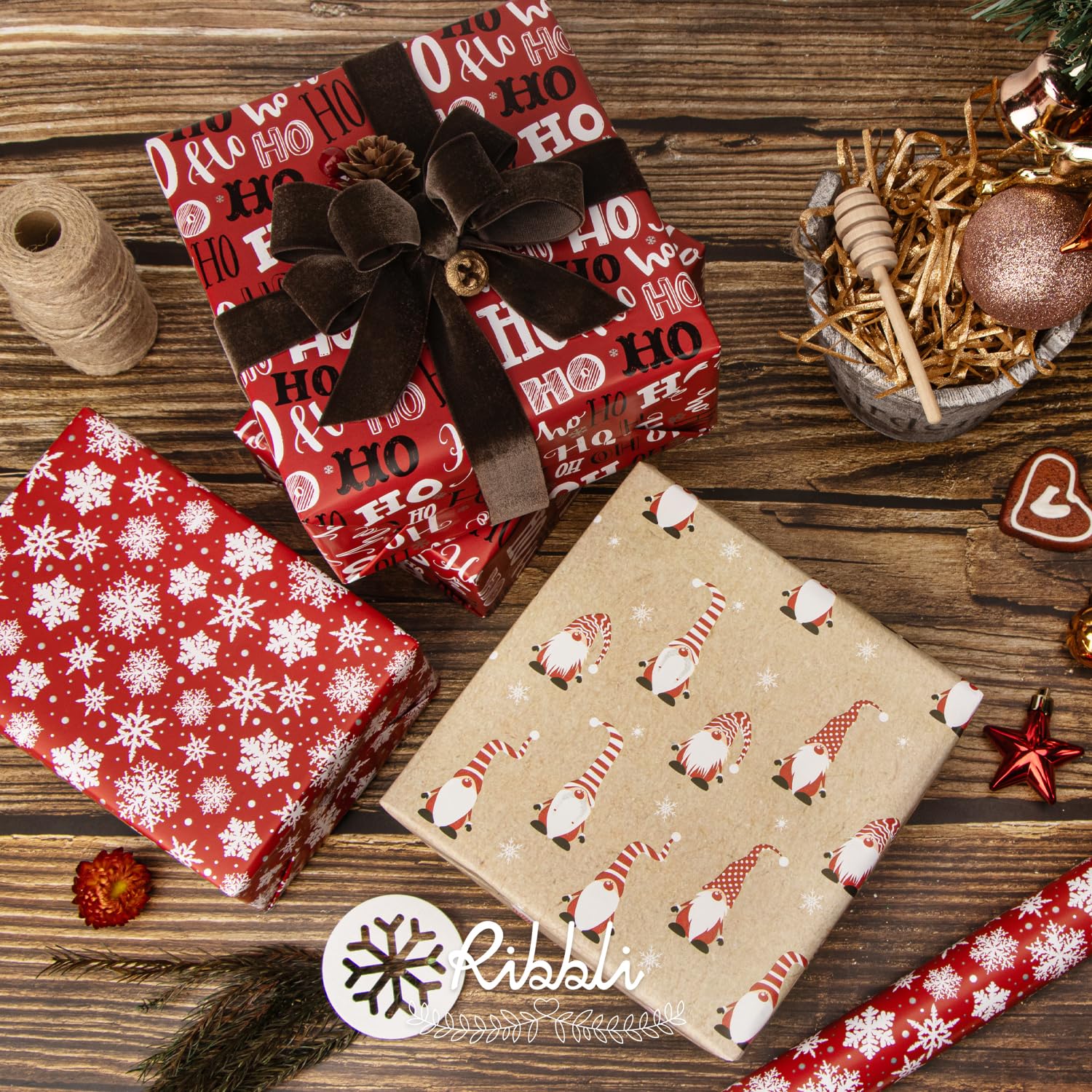 Christmas Wrapping Paper Red White Gift Wrap 3 Rolls Snowflakes Gnomes Hoho Printed Assortment - Mini Roll 17 Inch X 120 Inch(10Feet) Per Roll