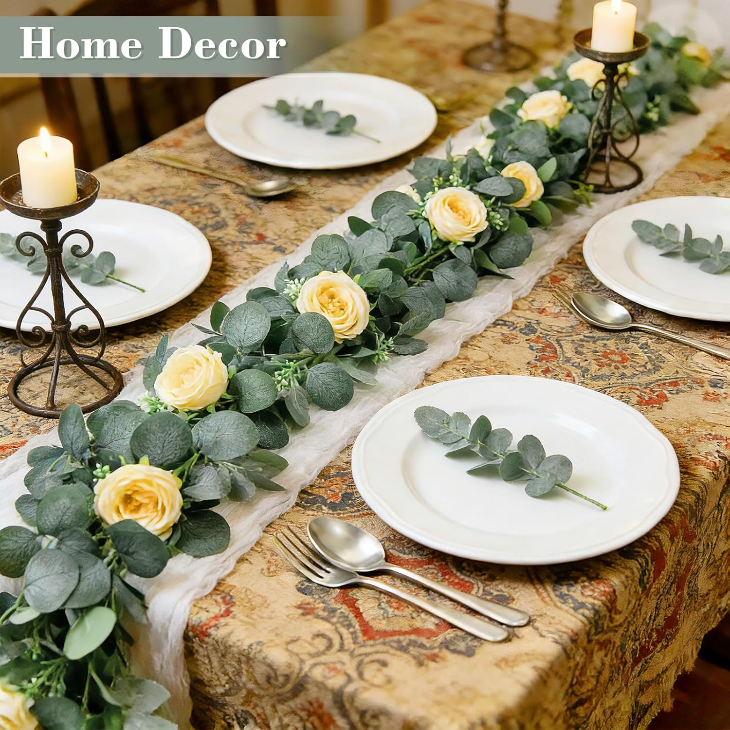 2 Pack 13Ft Artificial Spring Eucalyptus Flower Garland With Fake Rose Flower Floral Vine & Seeded Eucalyptus Greenery Garland For Wedding Arch Table Runner Backdrop Party Spring Decor (Champagne)