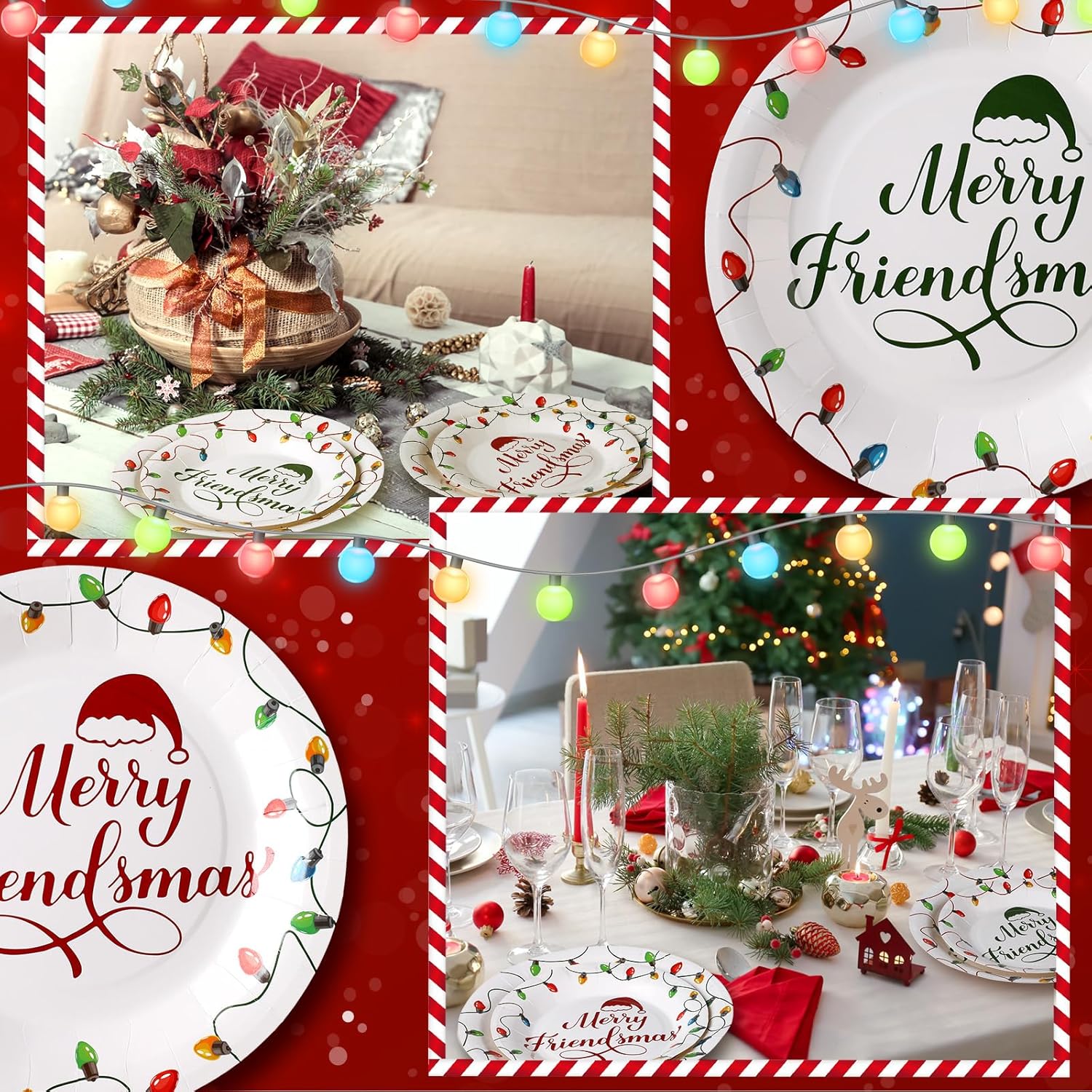 120 Pcs Christmas Lights Disposable Paper Plates Set 9'' And 7'' Merry Friendsmas Christmas Dessert Plates Bulk For Xmas Birthday Party Decor