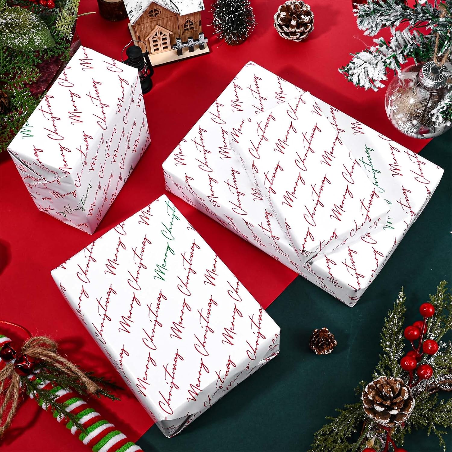 1Roll Christmas Wrapping Paper Red Green Merry Christmas Words Printed Gift Wrap Paper For Birthday Party Baby Shower Chrisrtmas Party Diy Craft Supplies, 17 Inch × 32.8 Ft
