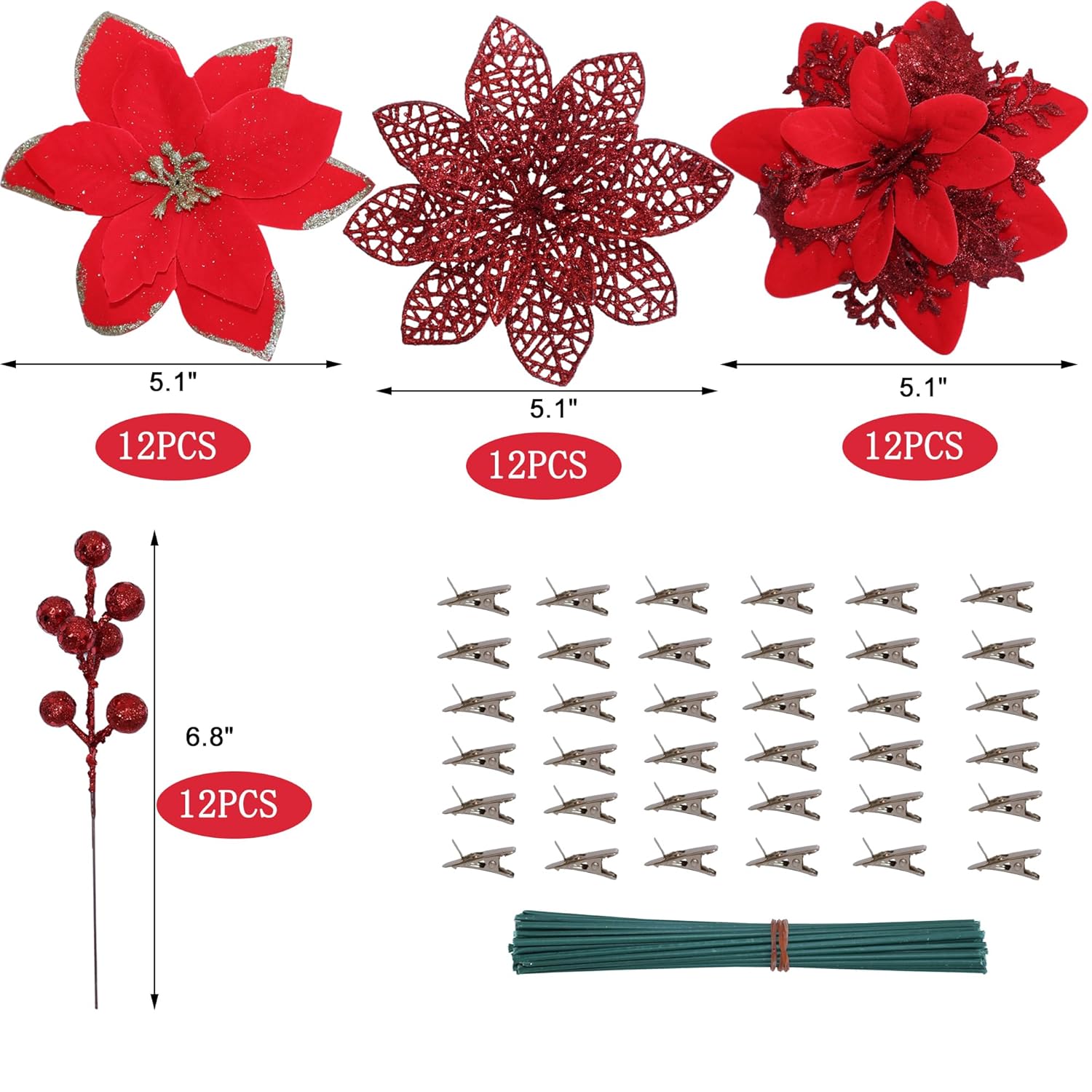 48 Pcs Fake Poinsettia Glitter Flowers And Berry Stems Artificial Red Christmas Flower With Clips Decoration For Xmas Tree Ornaments Party Wreath Decor (Red)