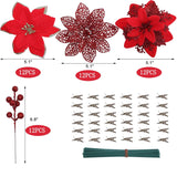 48 Pcs Fake Poinsettia Glitter Flowers And Berry Stems Artificial Red Christmas Flower With Clips Decoration For Xmas Tree Ornaments Party Wreath Decor (Red)