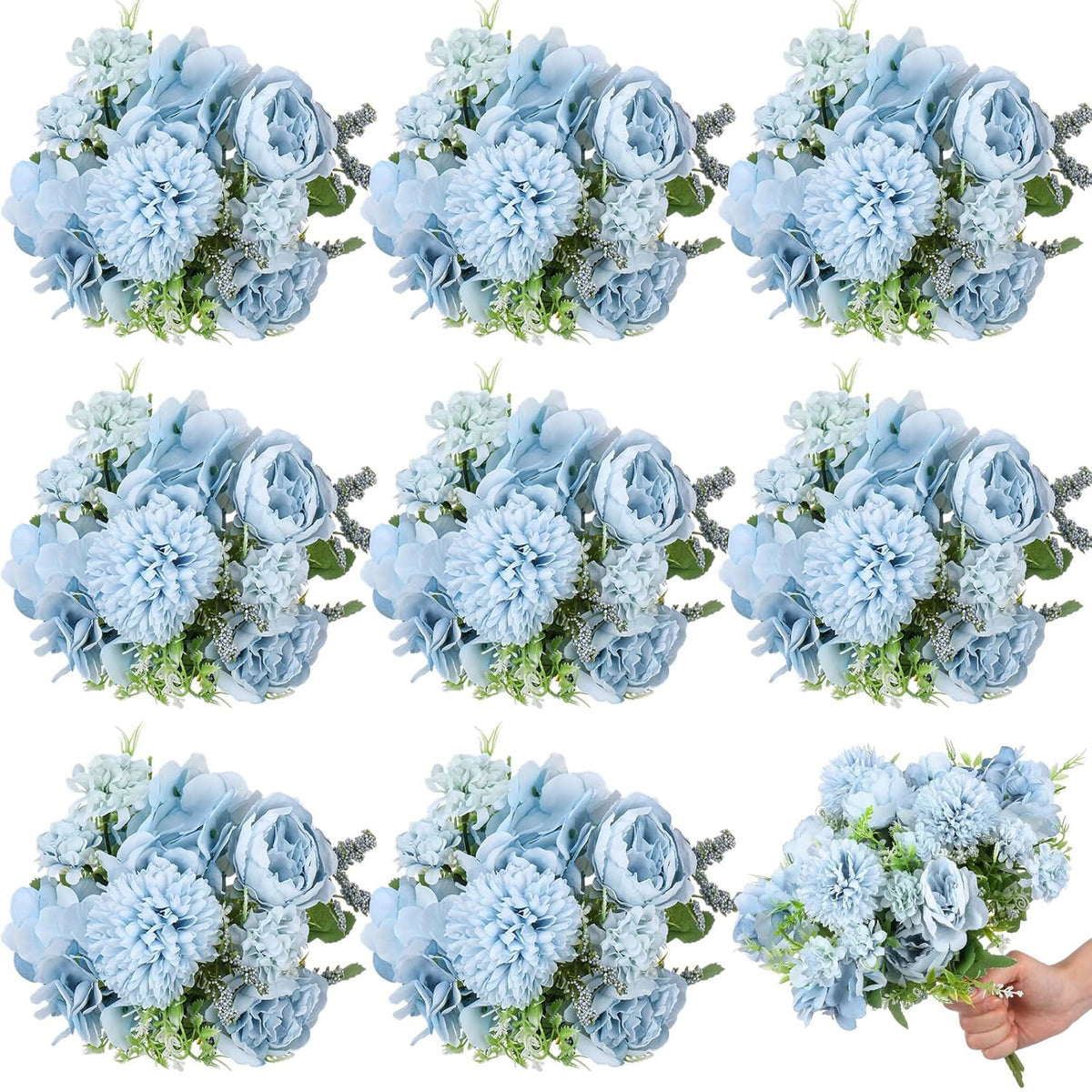 8 Pcs Peony Artificial Flowers Fake Silk Hydrangea Bouquet Elegant Peony Flowers For Wedding Decoration Faux Realistic Floral For Home Party Table Centerpieces Arrangement (Blue)