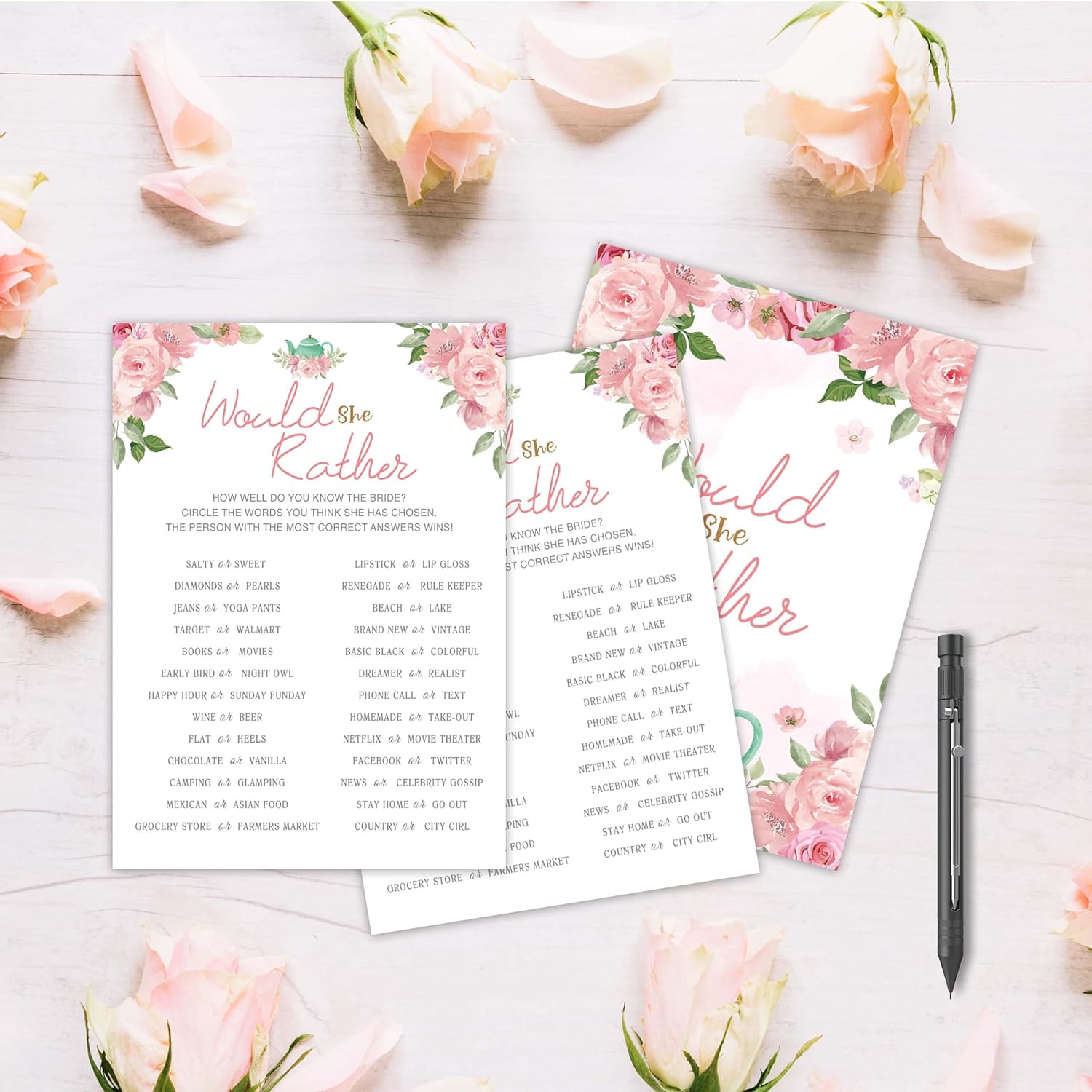Bridal Shower Games, Blush Pink Floral Wedding Party Games, Would She Rather - Bachelorette Party Games, Engagement Party Game Ideas, Tea Party Decor Supplies Favors, (25 Cards) -05