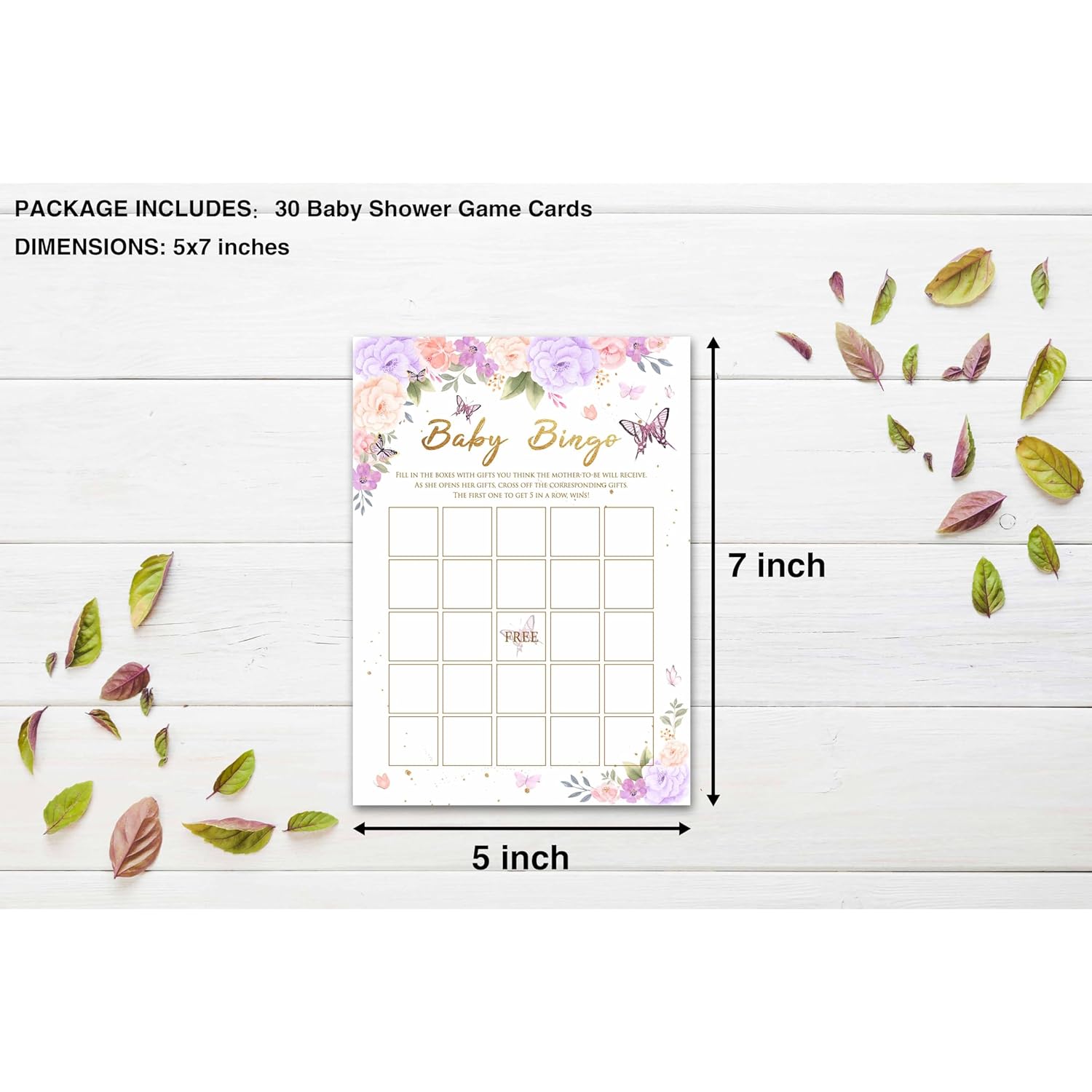 Baby Shower Games For Girls, Purple Butterfly Bingo Game For Baby Shower, Purple Floral Gender Reveal Parties Decorations, 5" X 7" Double-Sided Cards(30 Games)-A03