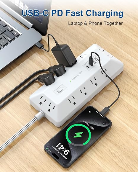 16-in-1 Surge Protector Power Strip 12 AC Outlets 4 USB 6FT Flat Plug