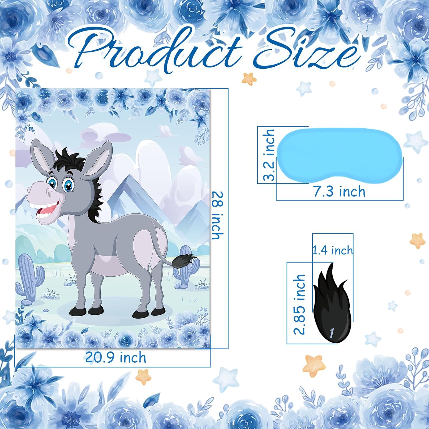 Pin The Tail On The Donkey Party Game Floral Farm Party Decorations With 48 Pcs Tails Large Donkey Games Poster For School Activities Birthday Party Carnival Party Supplies(Blue)