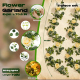 2 Pack 5.9 Ft Artificial Flower Garland With Lights, Fake Floral Garland With 12 Roses, White Flower Decorations For Arch Table Centerpieces Backdrop Party Home Wedding Decorations