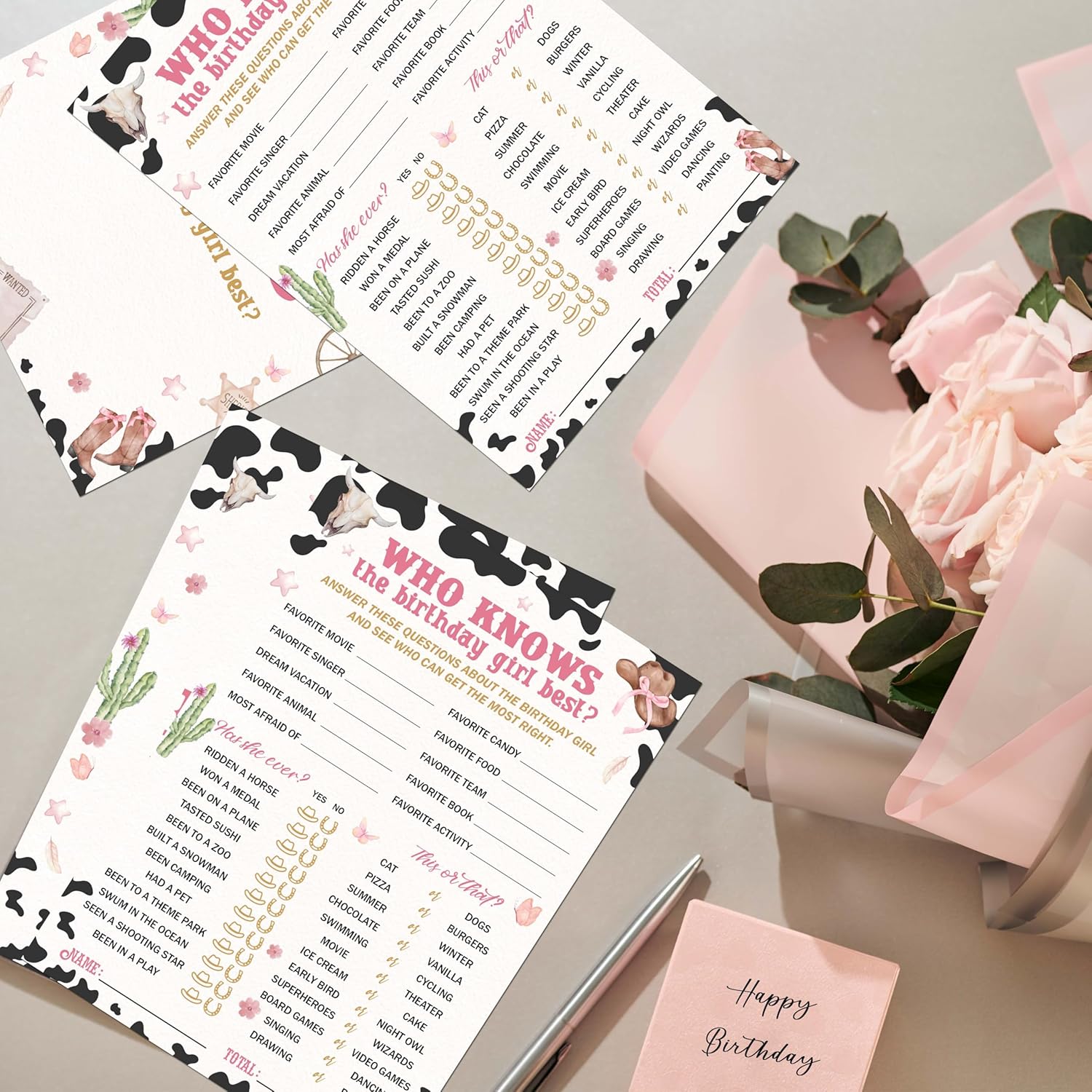 Birthday Games, 25 Pcs Cowgirl Who Knows The Birthday Best Game Cards, Sleepover Slumber Party Decorations Supplies Favors - A02