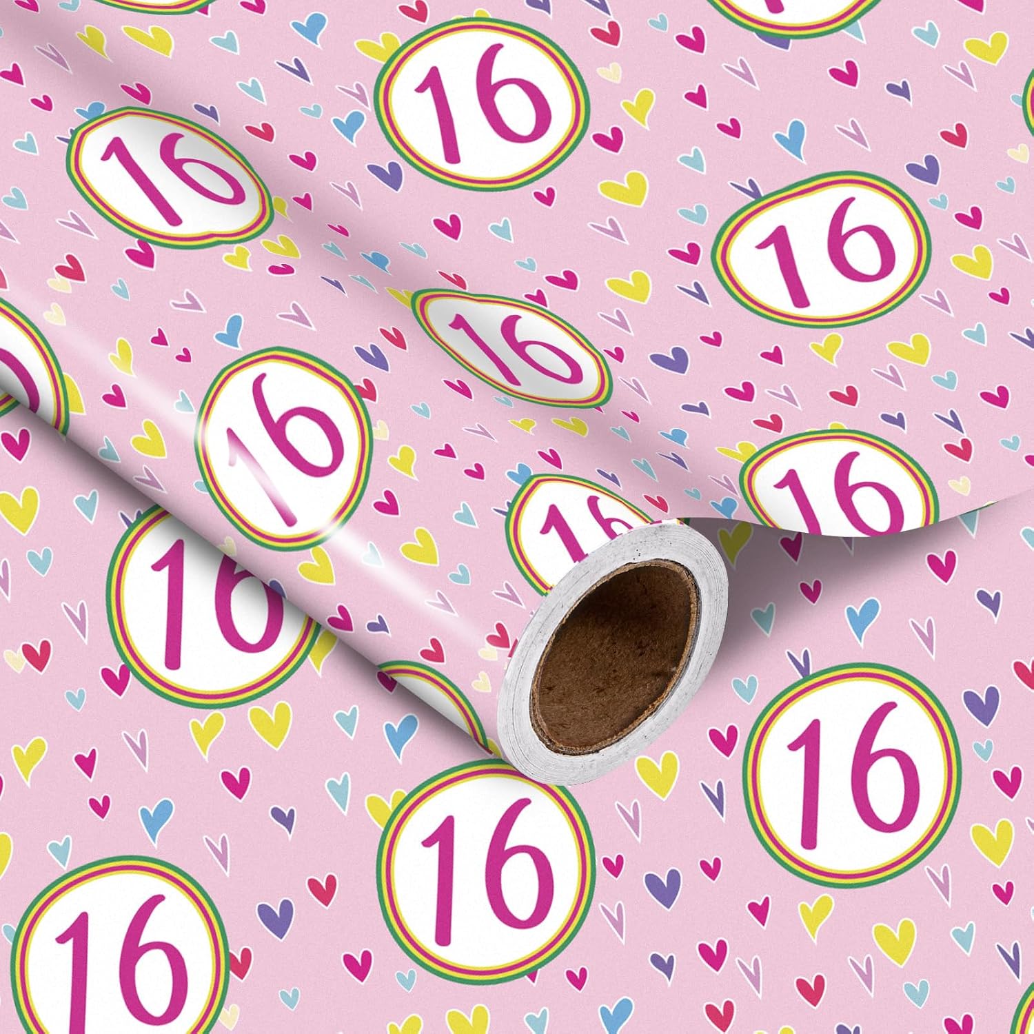 16Th Birthday Wrapping Paper Roll, Pink Happy 16Th Birthday With Heart Gift Wrap For For Age16 Teens, Kids, Girls, Friends, Mini Roll, 17 Inches X 16.4 Feet, 16 Years Old