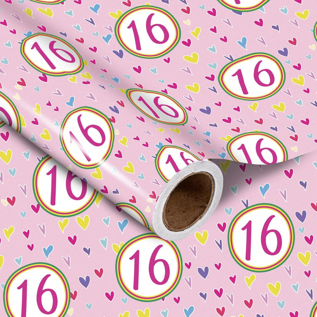 16Th Birthday Wrapping Paper Roll, Pink Happy 16Th Birthday With Heart Gift Wrap For For Age16 Teens, Kids, Girls, Friends, Mini Roll, 17 Inches X 16.4 Feet, 16 Years Old
