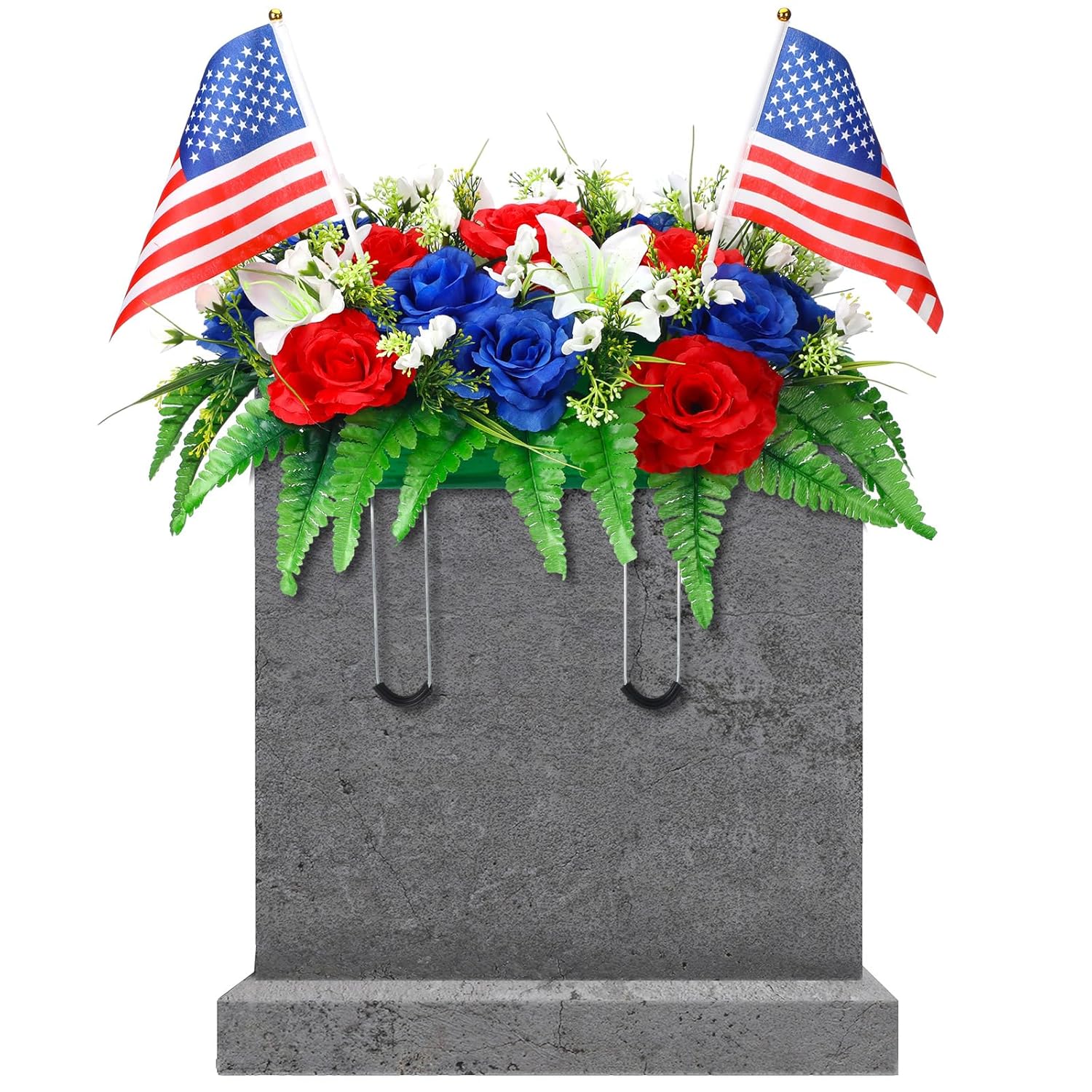 Memorial Day Headstone Flower Saddle Artificial Cemetery Grave Flowers For Veterans 4Th Of July Independence Day Patriotic Tombstone Gravestone Arrangements Outdoor Decorations