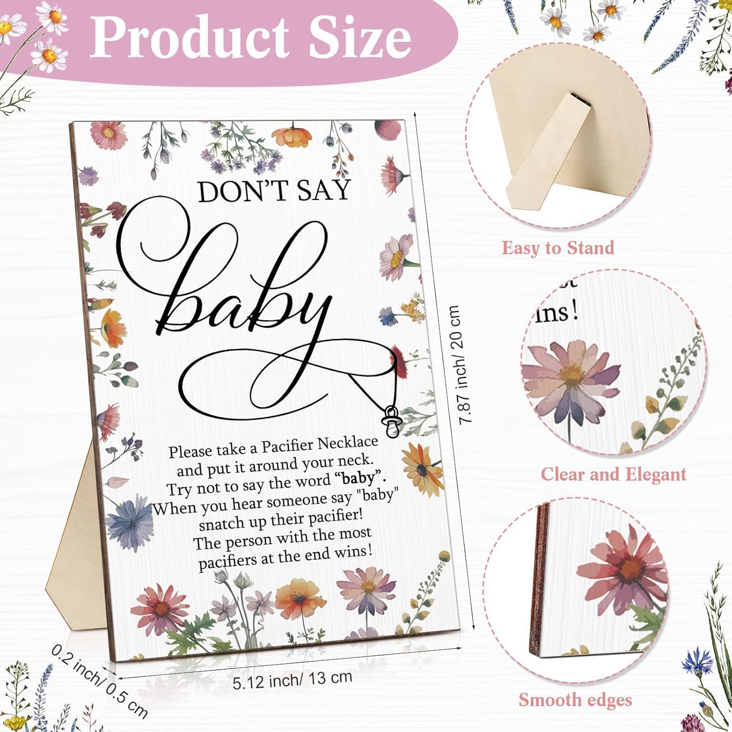 51 Pcs Don'T Say Baby Shower Game Supplies Include 50 Pacifier Necklace With 1 Wooden Don'T Say Baby Game Sign Gender Reveal Party Supplies For Guests(Wildflowers)