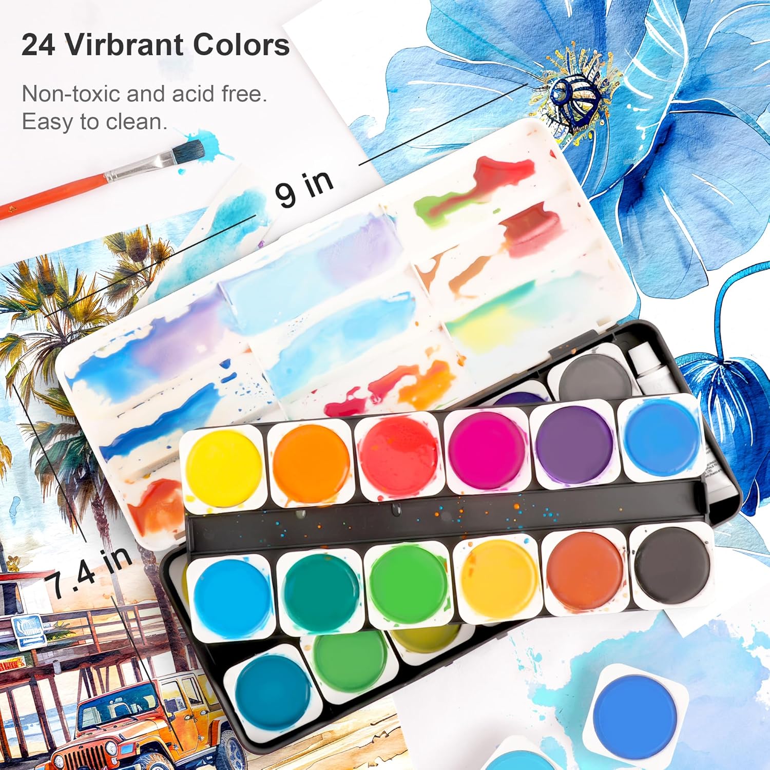 PHOENIX 24 Colors Watercolor Cakes with Plastic Palette & Paint Brush Non Toxic Gouache Paint Travel Watercolor Kit for Students, Beginners