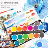 PHOENIX 24 Colors Watercolor Cakes with Plastic Palette & Paint Brush Non Toxic Gouache Paint Travel Watercolor Kit for Students, Beginners