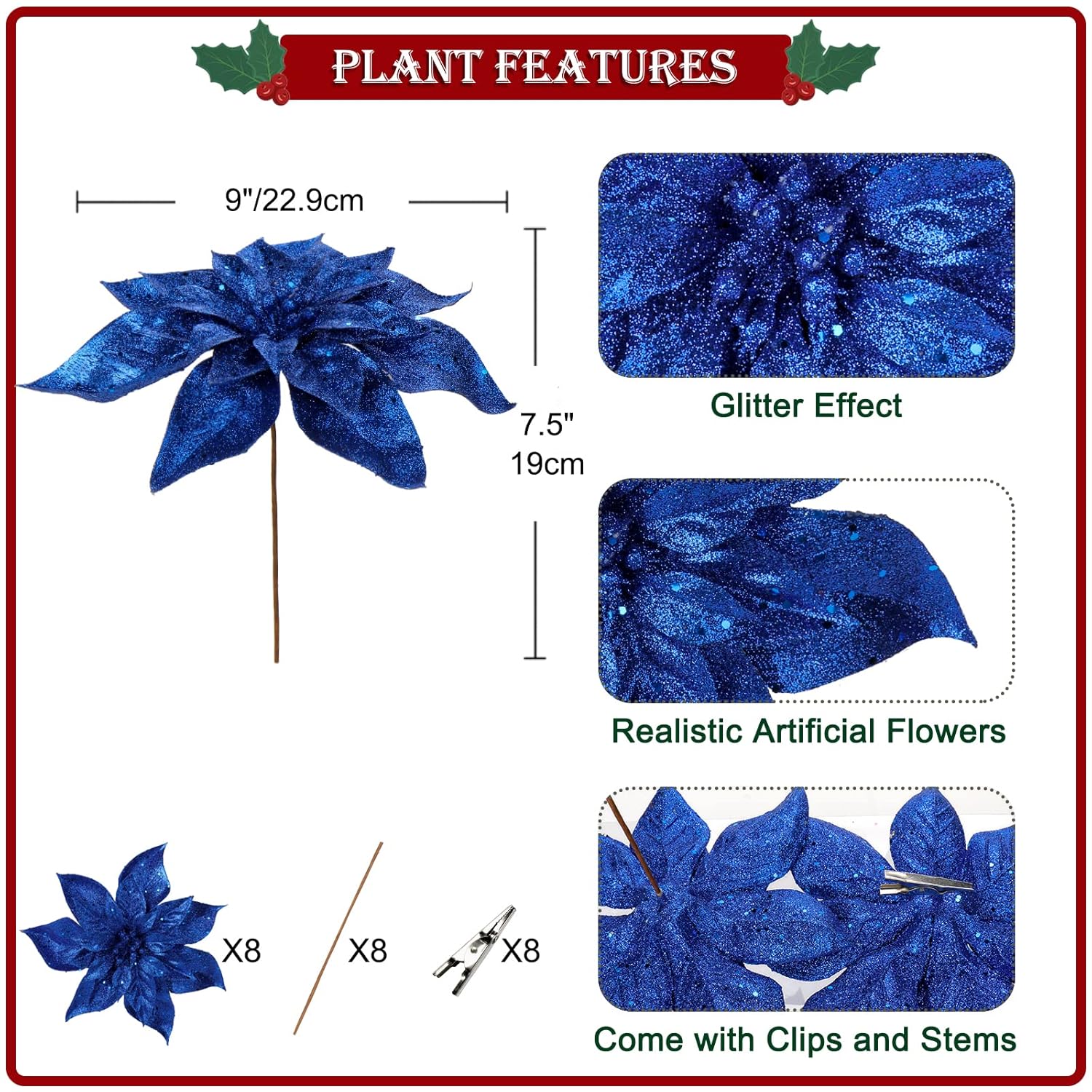 9'' Christmas Poinsettia Flowers 8Pcs Blue Glitter Artificial Flowers Large Christmas Ornament Flowers For Xmas Tree Wreath Garland Decoration