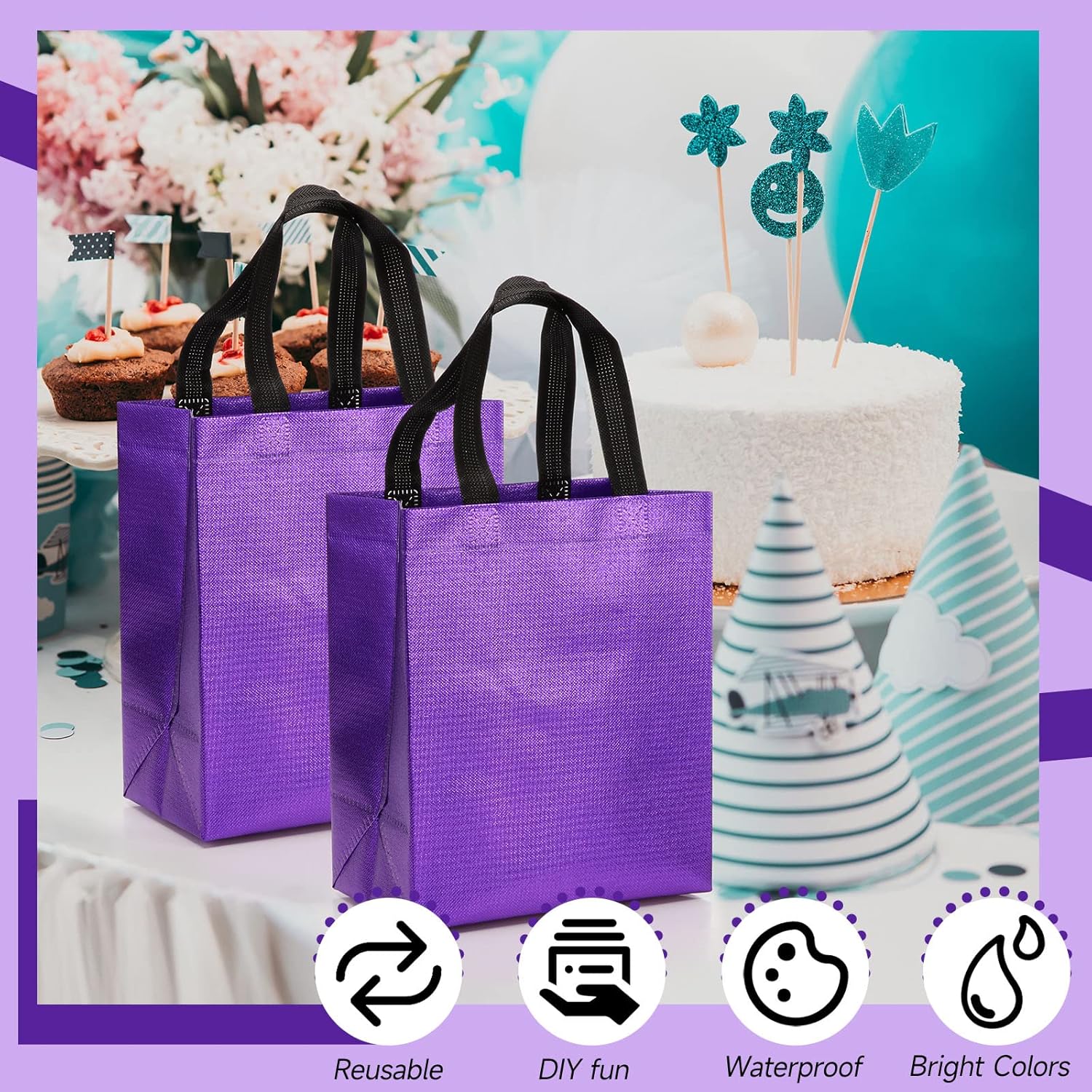 80 Pieces Gift Bags Set Glossy Reusable Tote With Handles Grocery Bags For Wedding, Halloween, Thanksgiving, Christmas(Medium,Purple With Black Handles)
