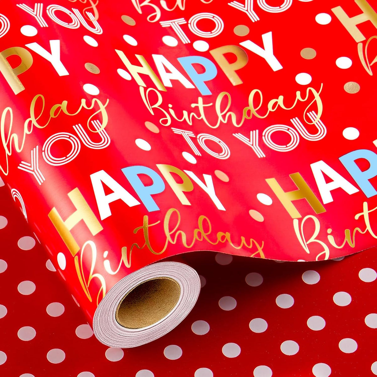 Reversible Red Birthday Wrapping Paper Roll - 17 Inch X 33 Feet - Glitter Happy Birthday Lettering Metallic Foil Paper Boy Gift Wrap W/Polka Dot For Party Father'S Day Halloween'S Day