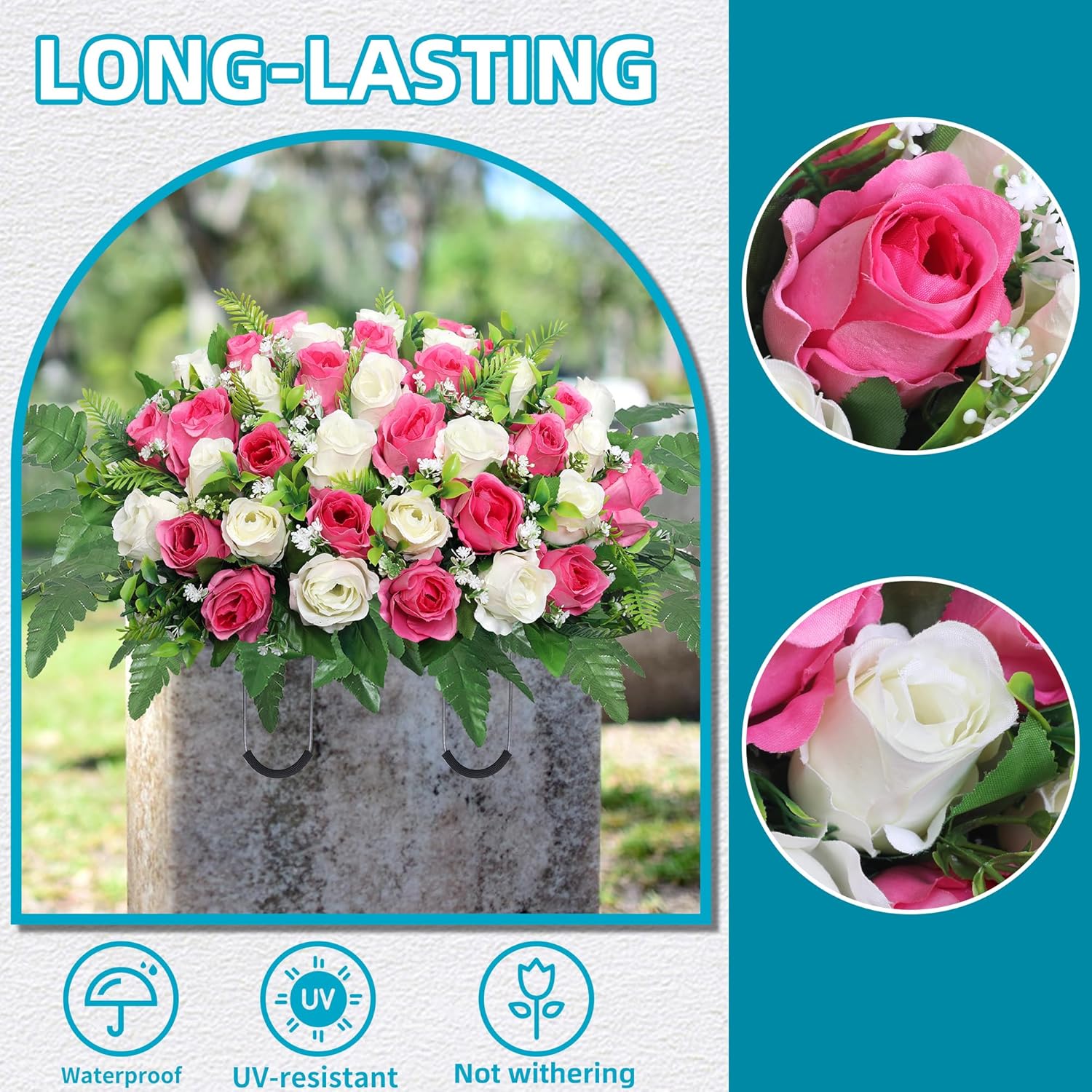 Artificial Cemetery Flowers Saddle - Grave Decoration Headstone Flower Rose For Outdoor Grave Decorations (Pink White)