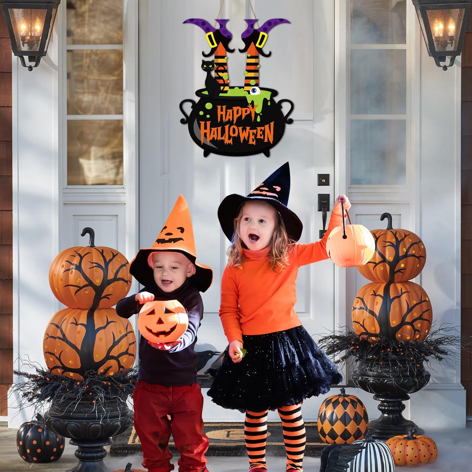 Halloween Witch Door Sign Happy Halloween Wooden Sign Plaque Witch Leg Front Door Hanging Decor Wood Welcome Signs For Home Farmhouse Hanger Porch Wall Decor Witches Party Supplies