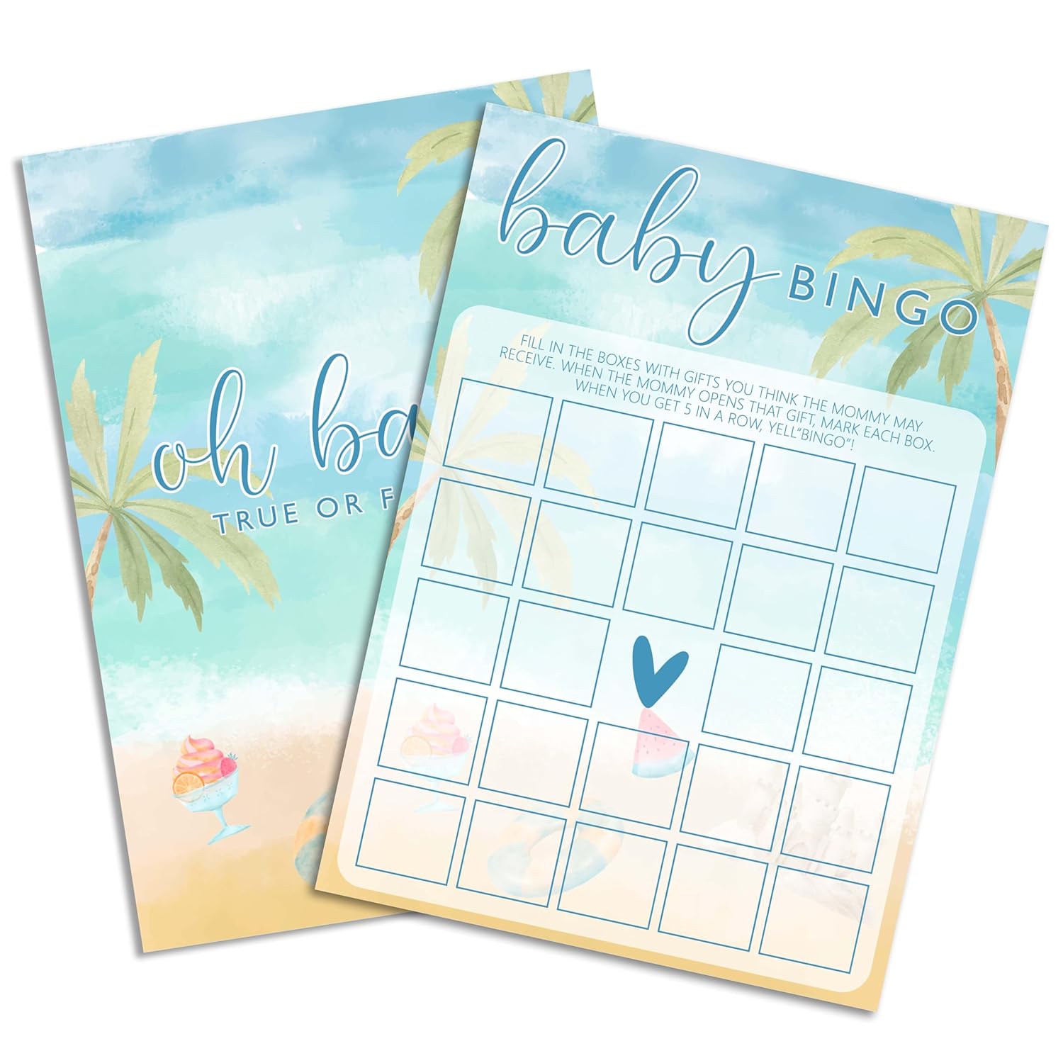Summer Beach Baby Shower Games, Blue Ocean Baby Shower Decorations, 5X7 In & 25 Pcs Baby Bingo Game Set, Gender Neutral Party Supplies & Favor-A03