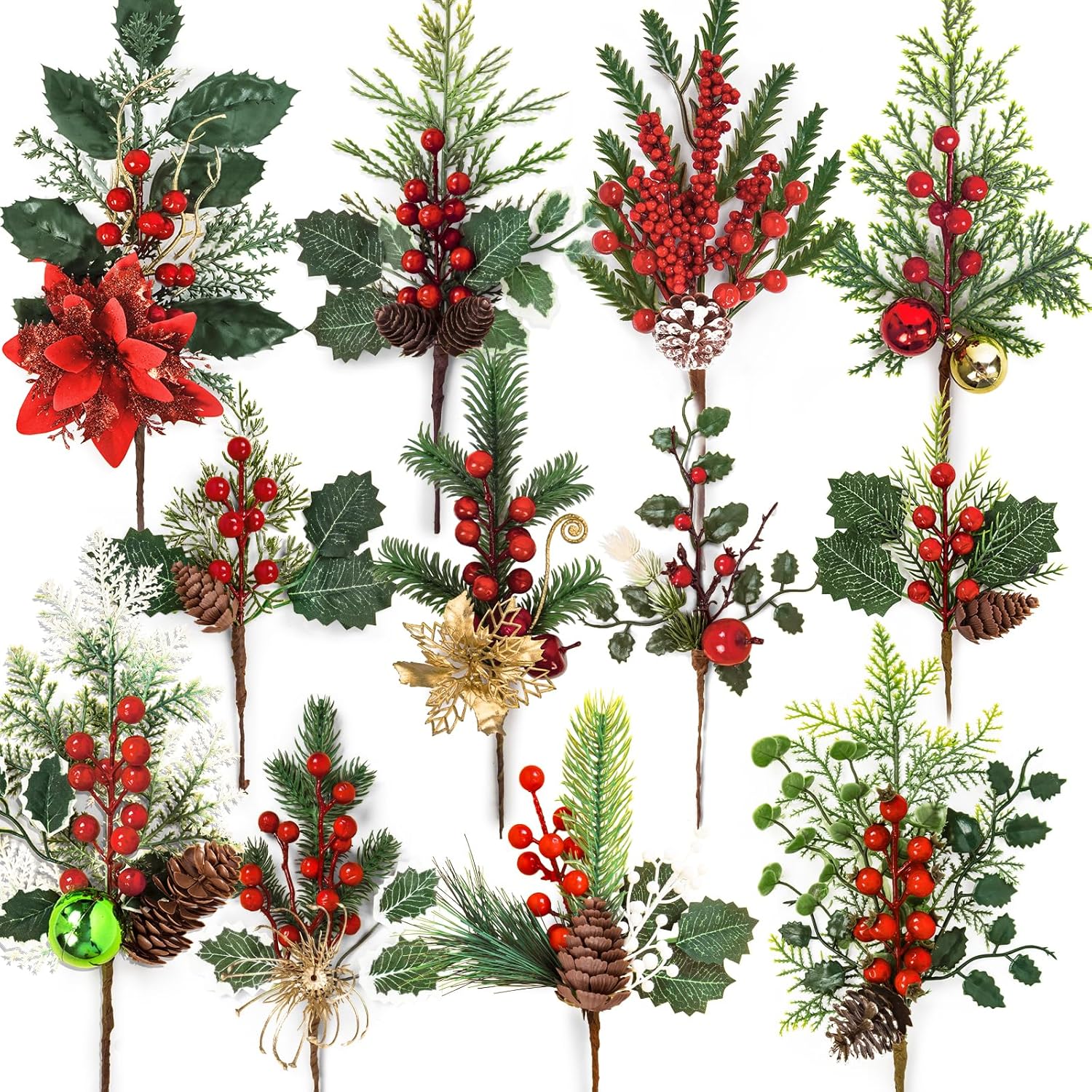 12 Pack Artificial Christmas Floral Picks, Assorted Red Berry Stems Sprays Pine Cones Faux Branches Sprigs Holly Leaves For Xmas Winter Arrangement Wreath Crafts Tree Decor