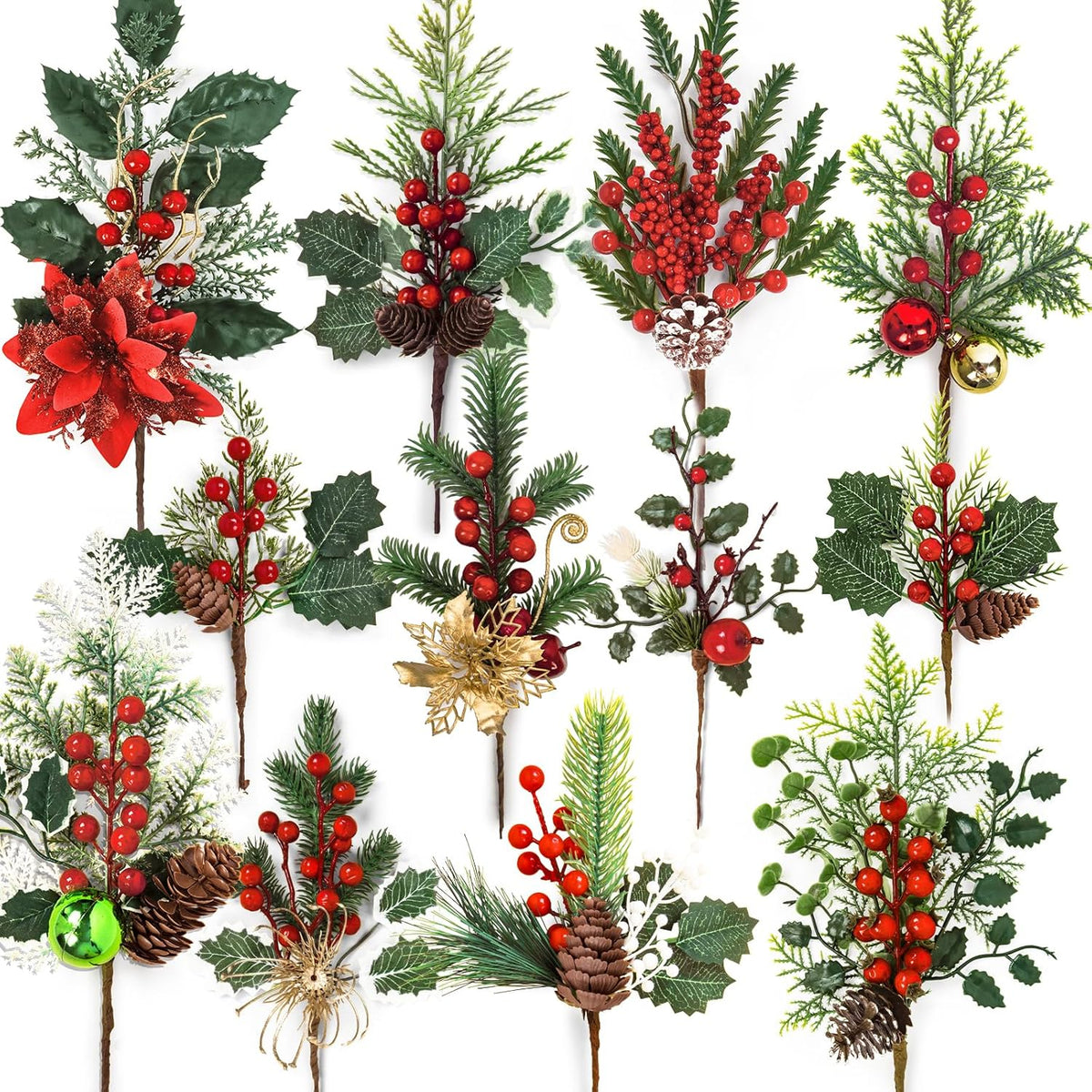 12 Pack Artificial Christmas Floral Picks, Assorted Red Berry Stems Sprays Pine Cones Faux Branches Sprigs Holly Leaves For Xmas Winter Arrangement Wreath Crafts Tree Decor