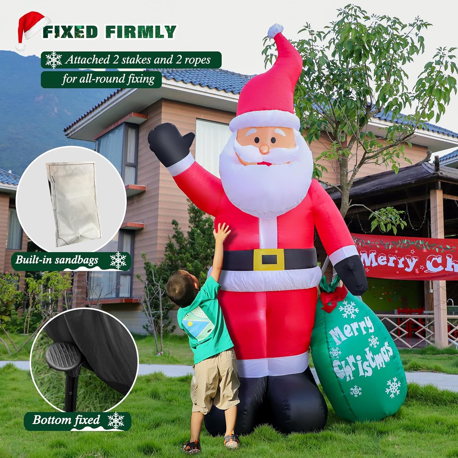 7 Ft Christmas Inflatable Santa Claus With Green Gift Bag, Blow Up Santa Claus Built-In Led Lights, Xmas Inflatable Indo