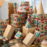 Reversible Birthday Wrapping Paper, Kraft Wrap Paper Mini Roll, Colorful Text Stars Happy Birthday Design For Holiday Party, 17.3 Inch X 32.8 Feet
