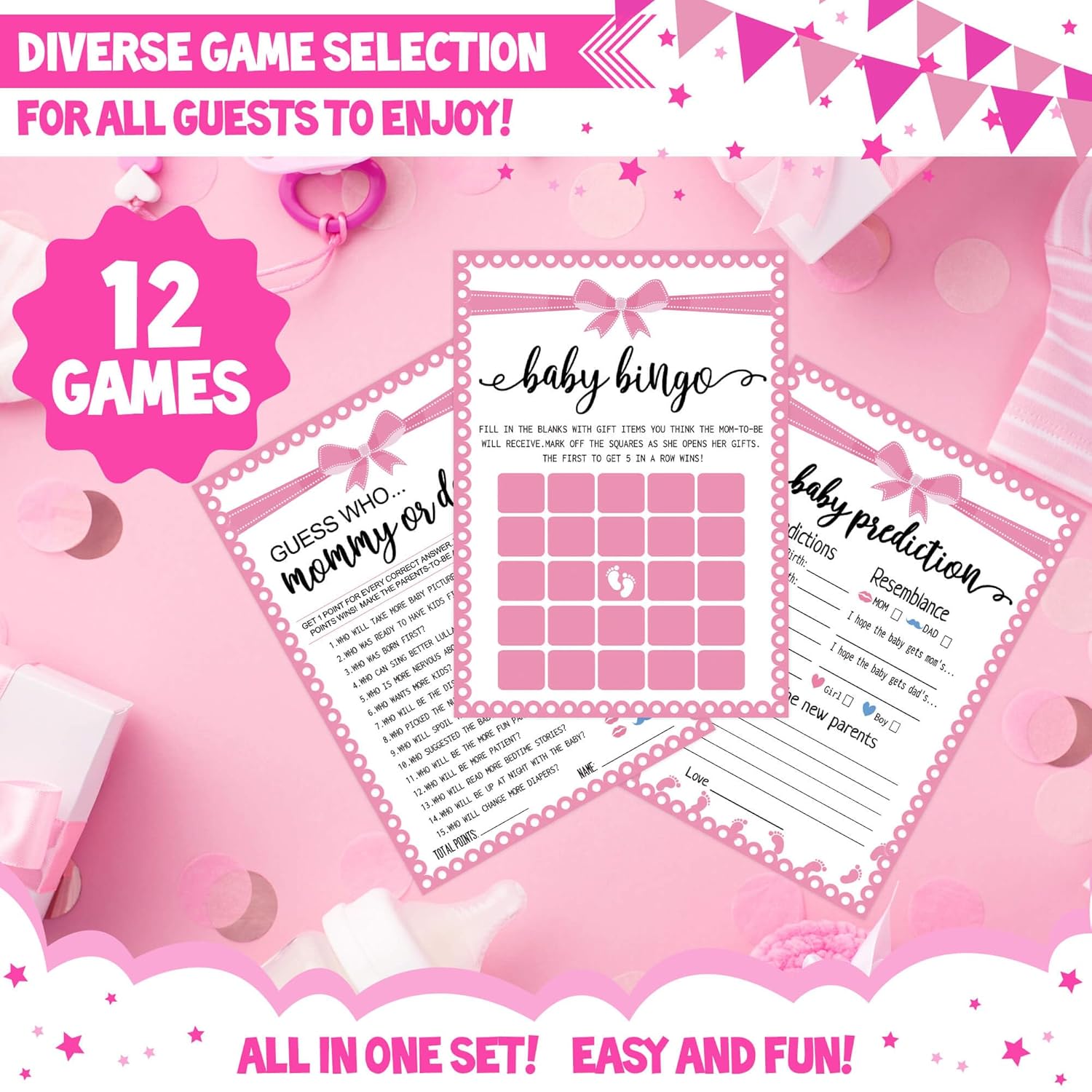 Baby Shower Games For Girl, 12 Baby Shower Games For 50 Guests, Coed Pink Girl Sprinkle Party Prize Gifts Fun Idea Kit Set Bundle