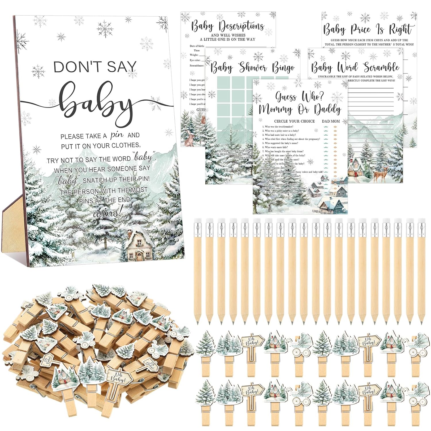 321 Pcs Winter Baby It'S Cold Outside Baby Shower Games Supplies, 5 Sets (50 Cards Each) Activities Cards With 20 Pencils 1 Don'T Say The Words Sign 50 Clothespin