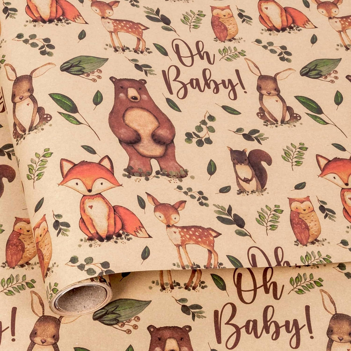 Baby Shower Kraft Wrapping Paper Roll For Kids Boys Girls - Cute Woodland Animals & "Oh Baby" Baby Gift Wrap For Birthday, Holiday, Baby Shower, Summer Party Favor - 17 In X 20 Ft(Total 28.5Sq.Ft)