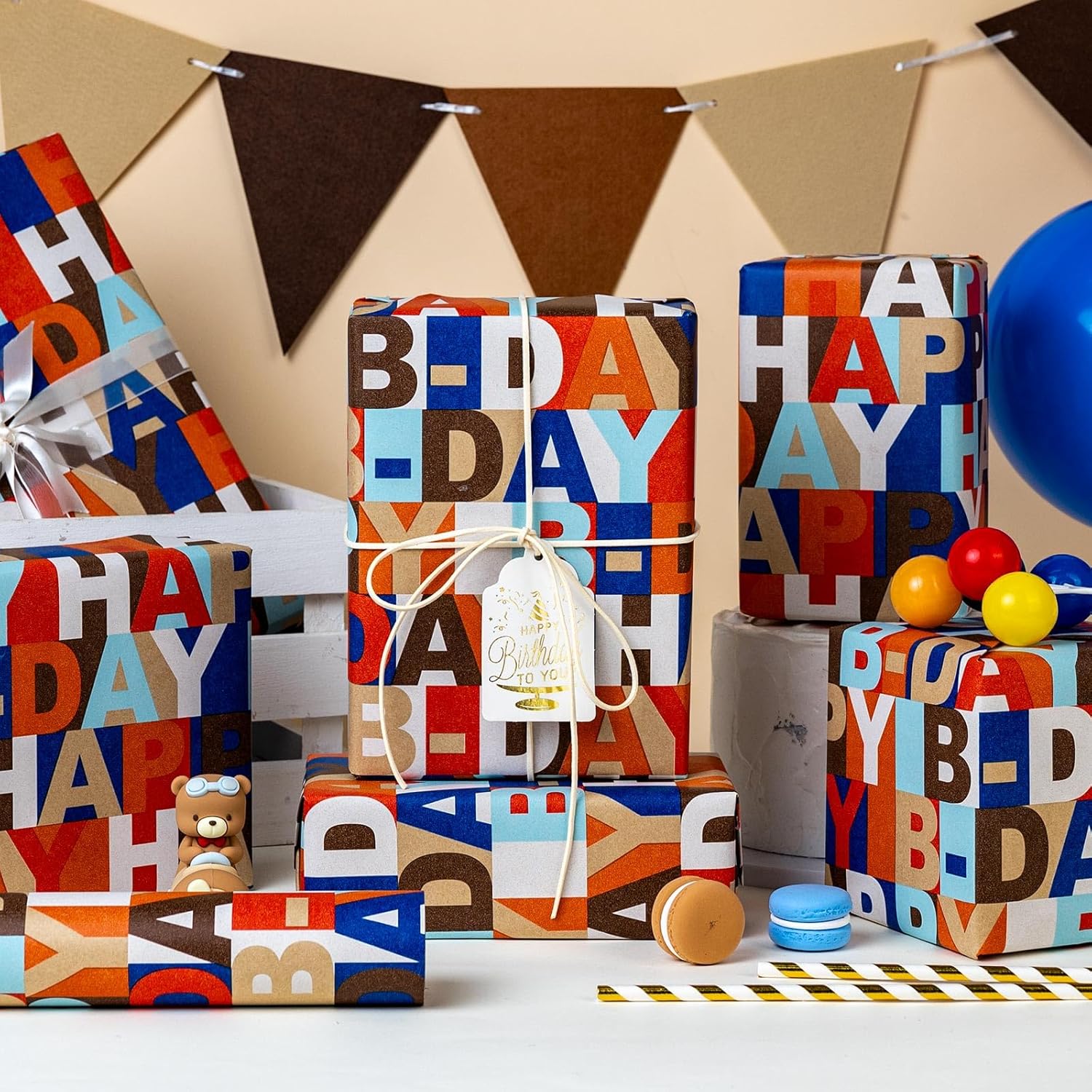 Happy Birthday Wrapping Paper Roll, Colorful Kraft Birthday Gift Wrap For Men Boys Girls Women 17 In X 16.5 Ft