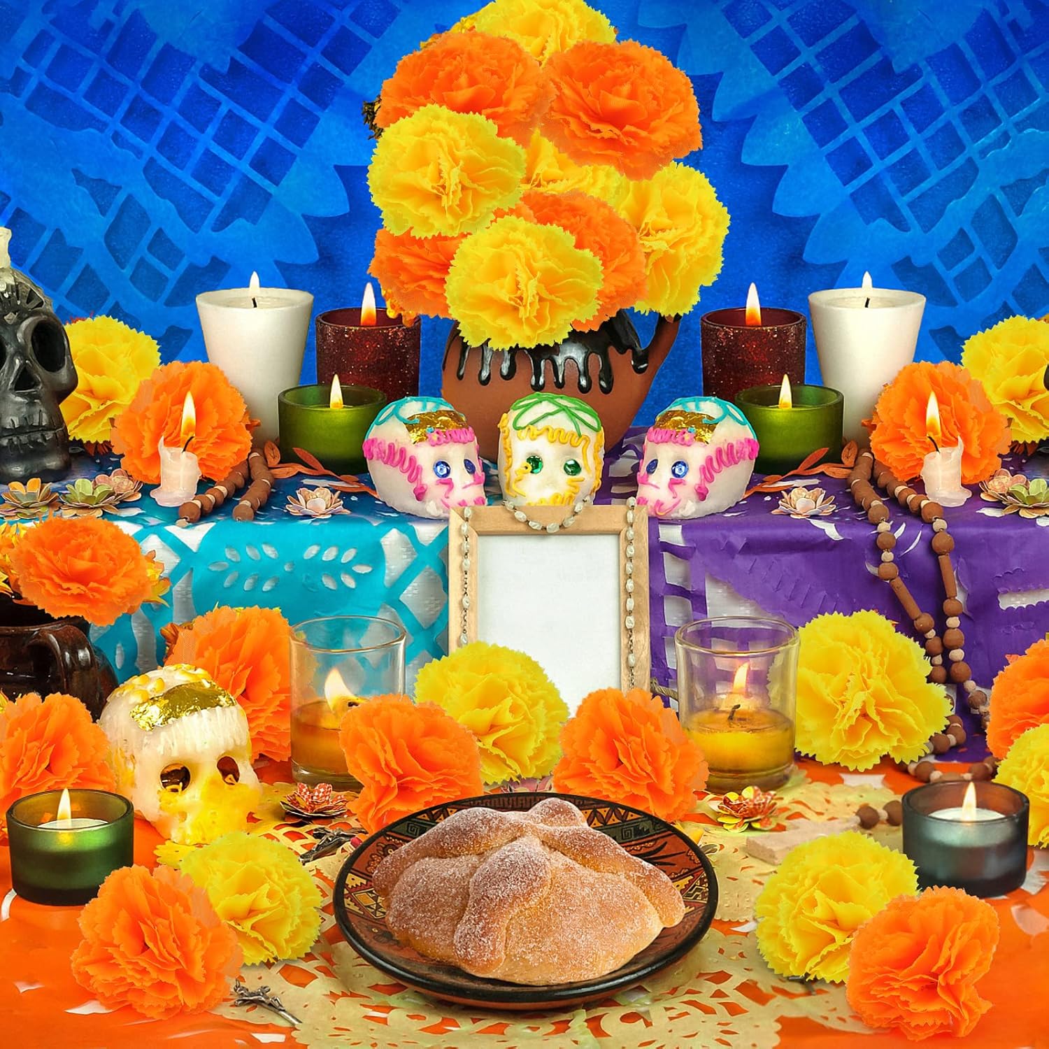 Artificial Marigold Flowers - 50 Pcs Halloween Decoration Orange Marigold Head Silk Fake Paper Flowers Garland Dia De Los Muertos Decor For Festival Backdrop (Orange)
