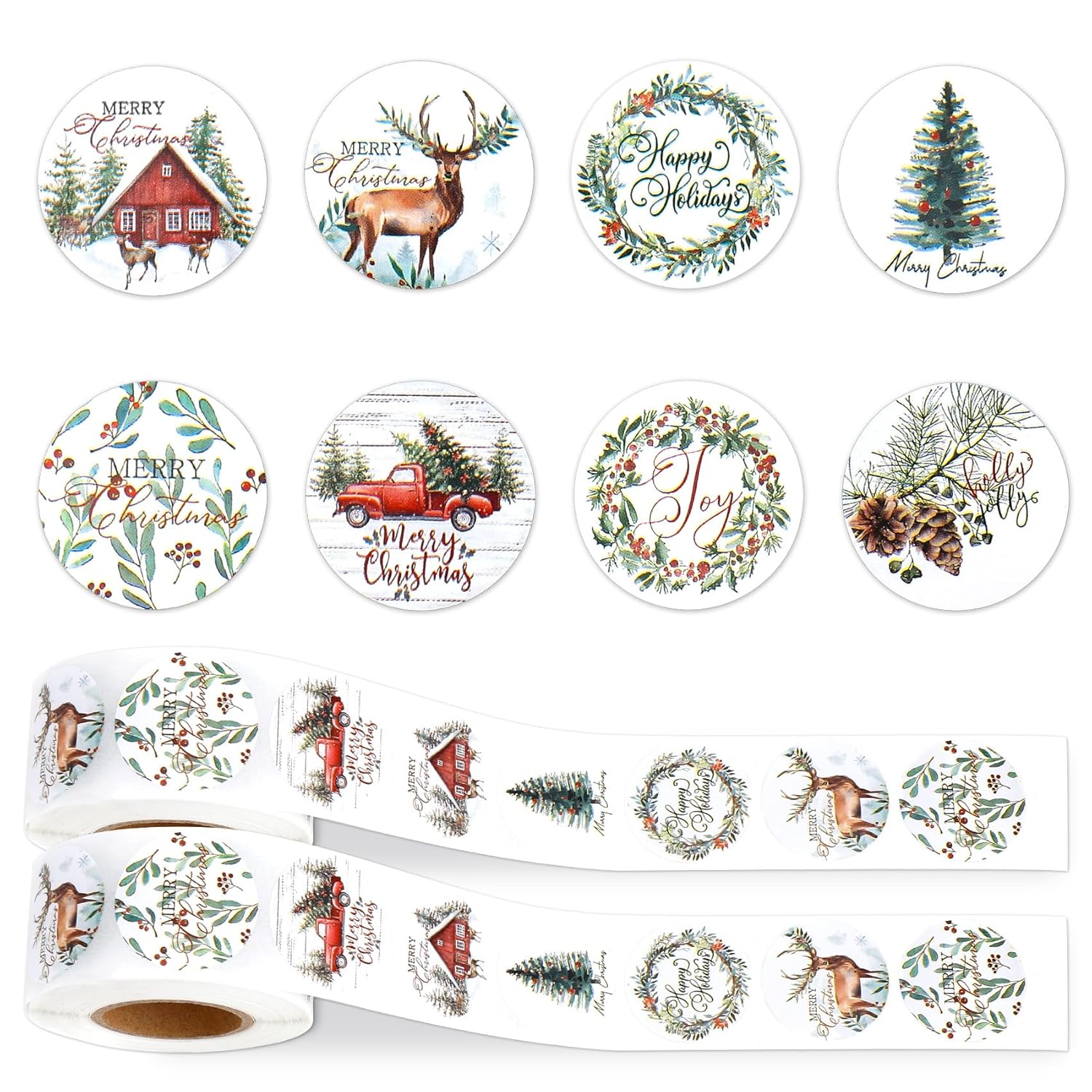 Christmas Stickers, 1000 Pcs Merry Christmas Sticker Roll, Round Self Adhesive Seals Label Sticker Decals For Xmas Holiday Seals Cards Gift Envelopes Crafts Present Box Decoration (8 Designs, 1 Inch)