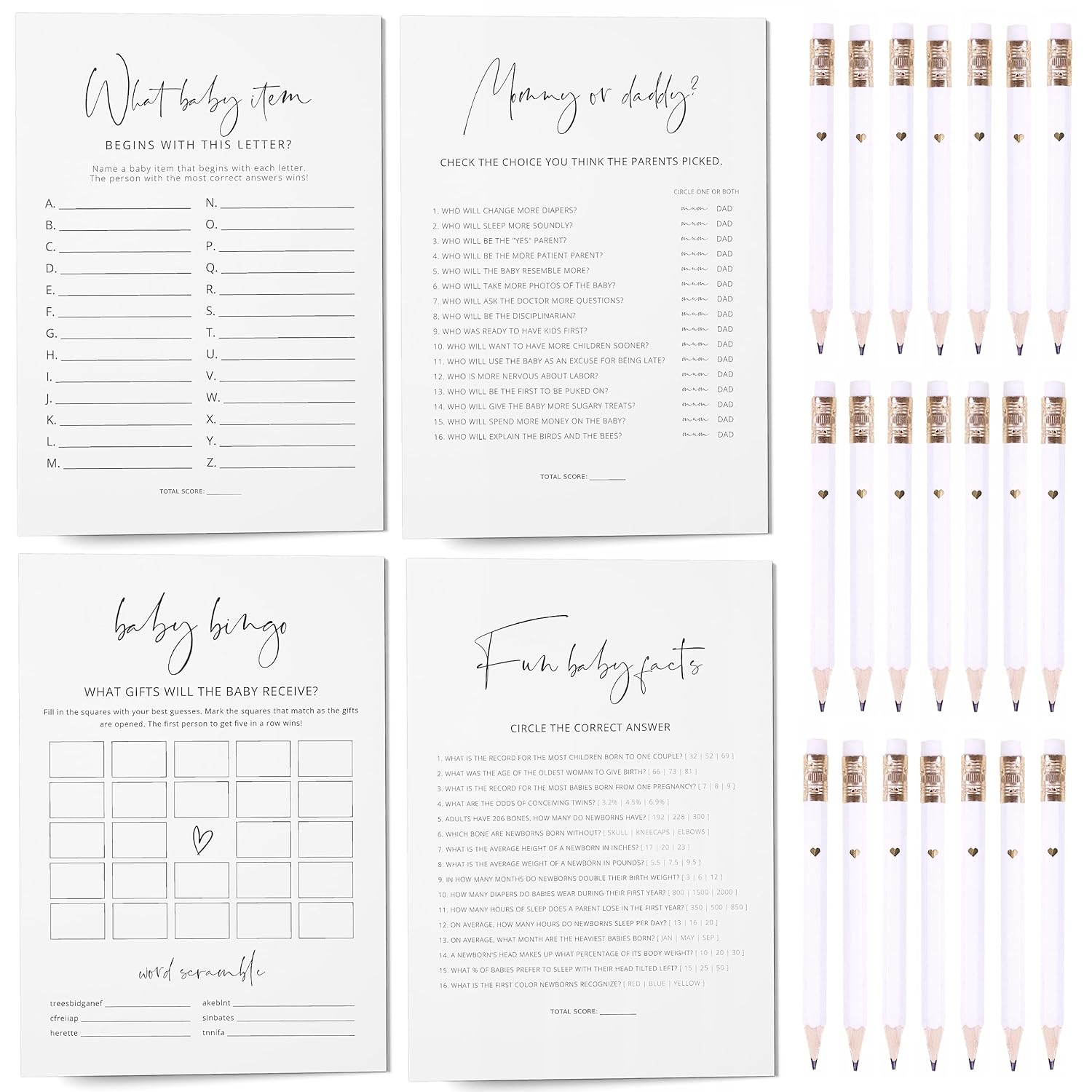 Baby Shower Games, Set Of 4 Minimalist Baby Shower Games For 30 Guests, Boy Or Girl, Double-Sided Cards, 30 Pencils (Minimalist)