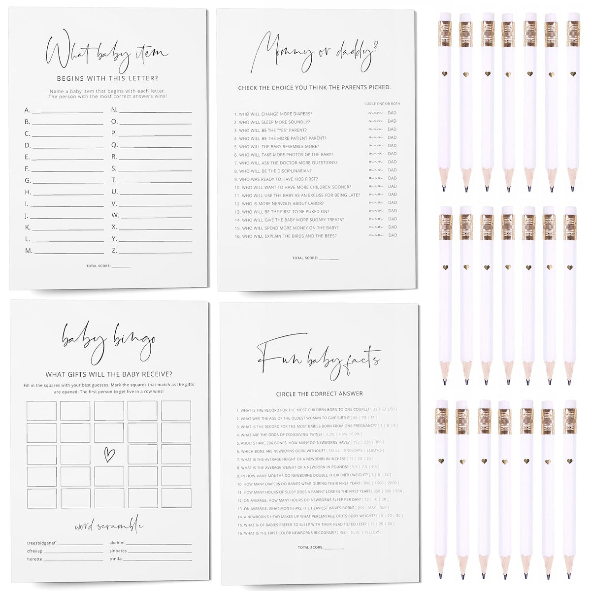 Baby Shower Games, Set Of 4 Minimalist Baby Shower Games For 30 Guests, Boy Or Girl, Double-Sided Cards, 30 Pencils (Minimalist)