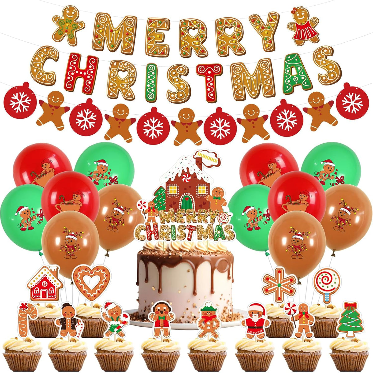 Gingerbread Man Christmas Birthday Party Decorations - Christmas Party Decorations Merry Birthday Banner Gingerbread House Cake Topper Red Green Brown Latex Balloons For Holiday Baby Shower Decor
