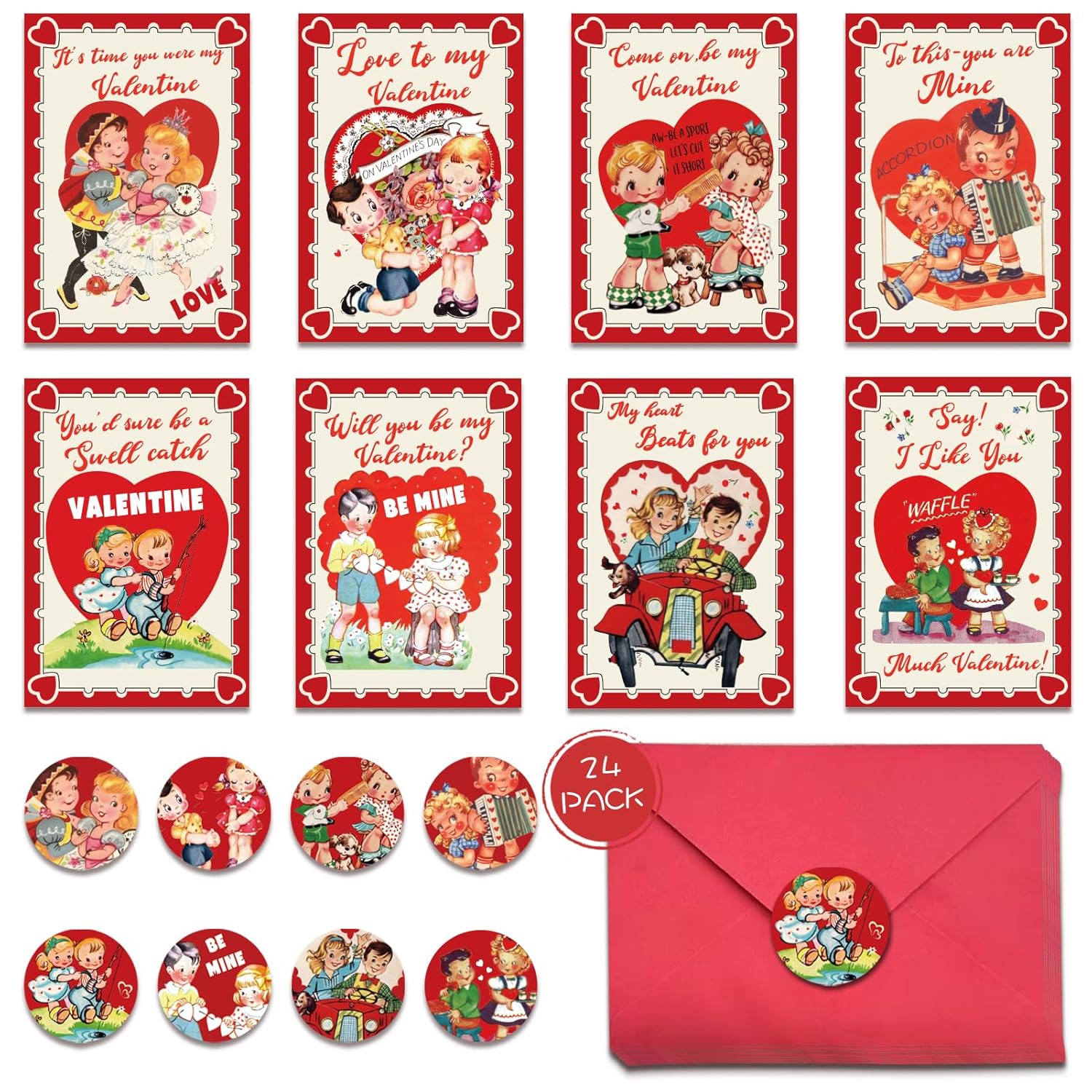 24 Pack Vintage Valentine'S Day Cards Kit With 8 Designs Retro Cute Style Kids Blank Greeting Note Cards Stickers And Red Envelopes For Valentine'S Gifts Exchange School Classroom Prize