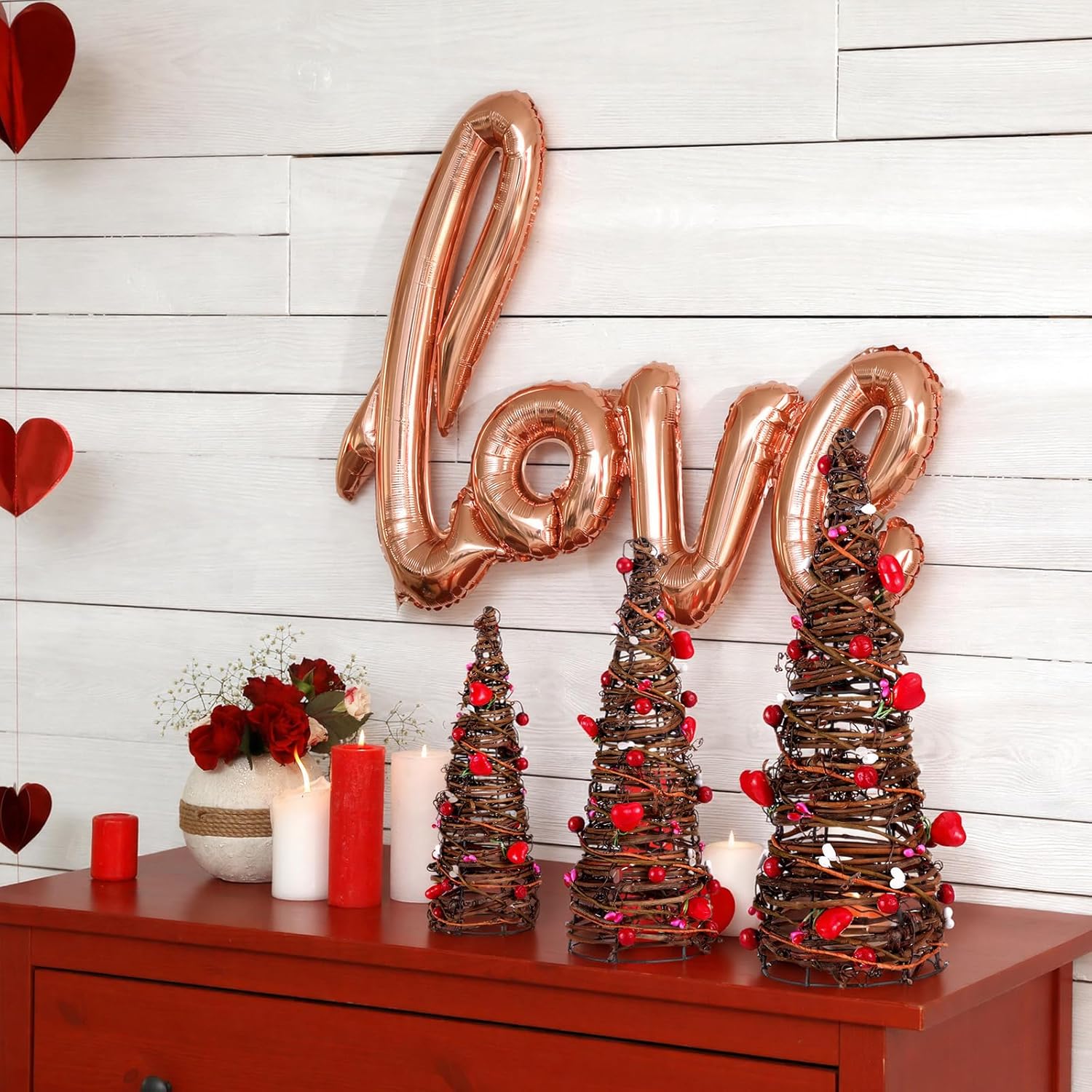 3 Pcs Valentine'S Day Table Rattan Trees-Valentine'S Table Rattan Trees With Berries, Red Pink White Heart Centerpieces Decorations For Wedding Anniversary Party, Romantic Home Decor